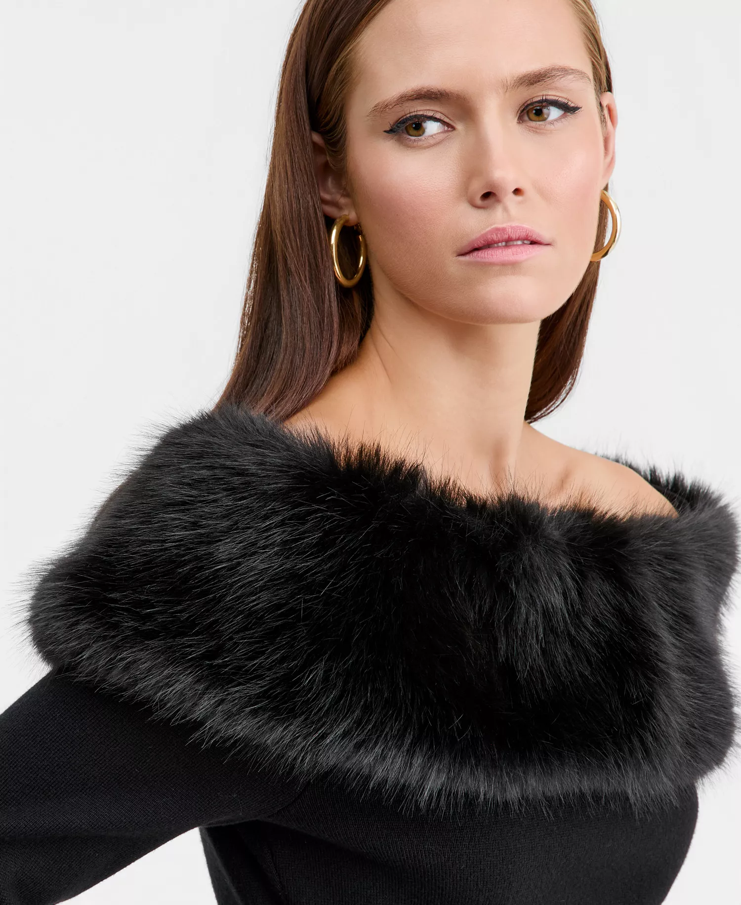 Women's Off-The-Shoulder Faux-Fur-Trim Top, Macy's Exclusive - Deep Black - L