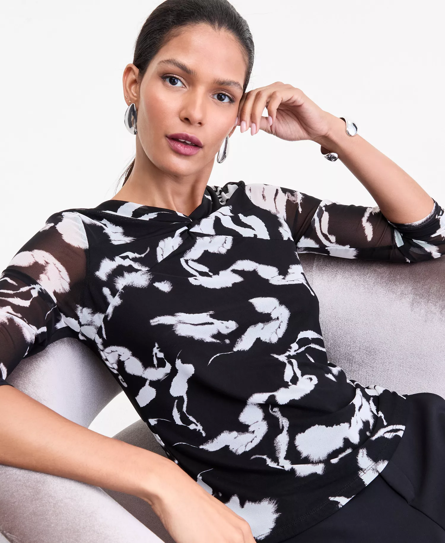 Women's Twist-Neck Printed Mesh Top, Macy's Exclusive - Dahlia Black - L