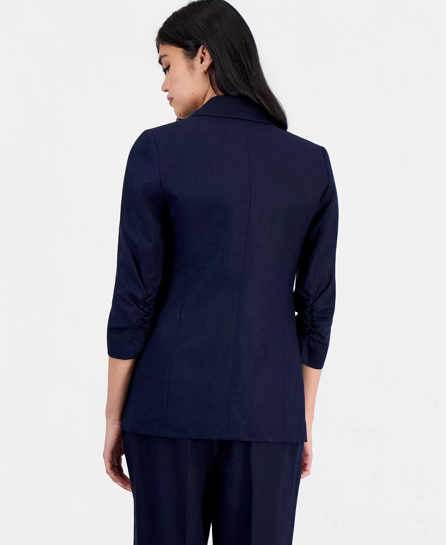Women's Ruched-Sleeve Open-Front Linen Blazer, Exclusively at Macy's - Bar Navy - 2XL