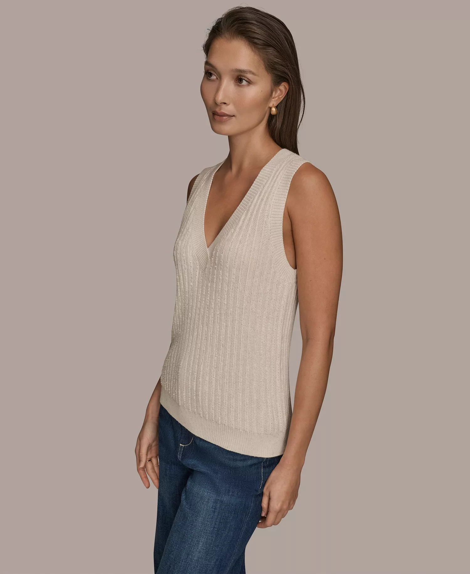 Women's Sleeveless V-Neck Loop Stitch Sweater Vest - Cream/silver - L