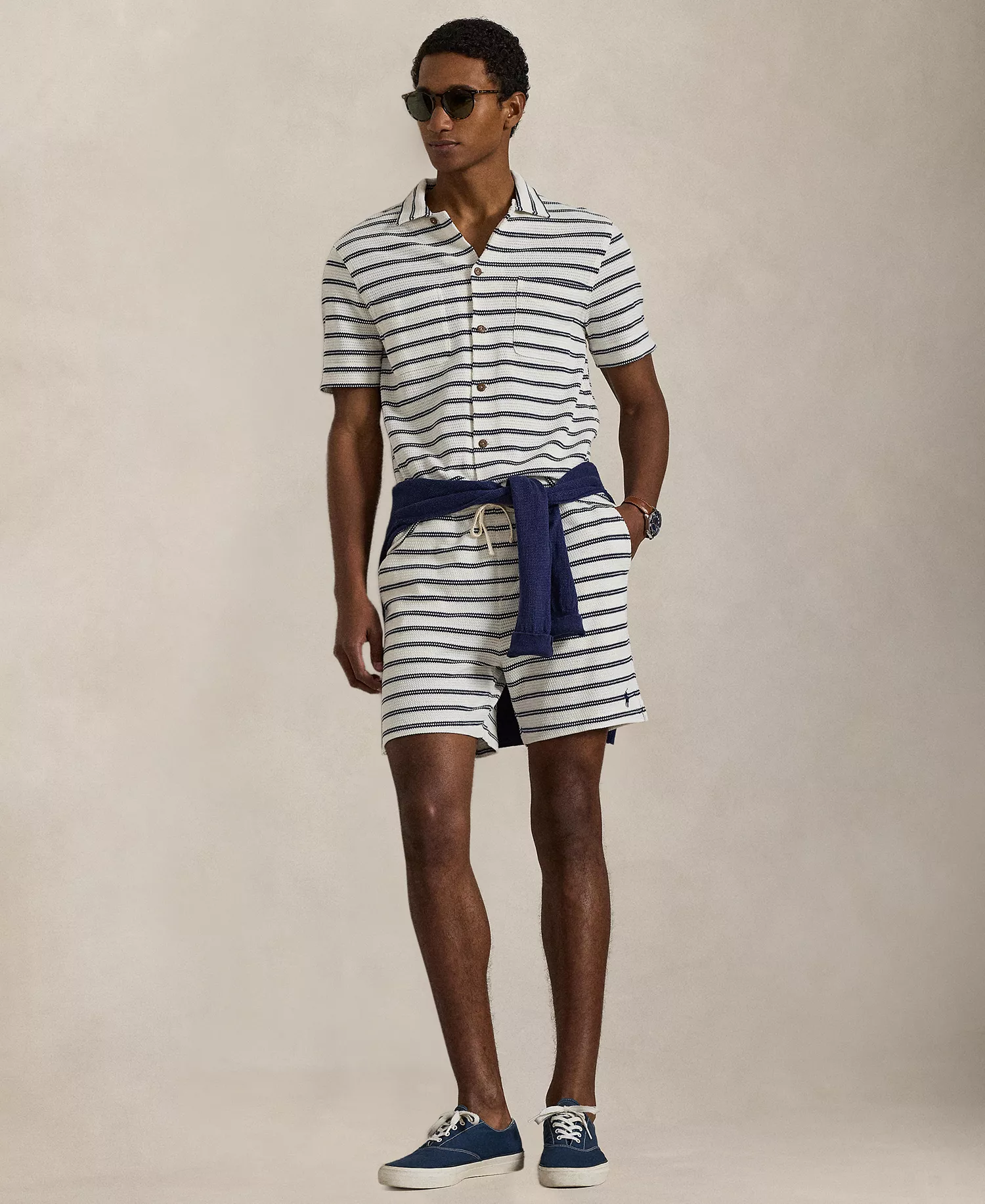 Men's Striped Camp Collar Shirt - Pale Cream/Newport Navy - 2XL