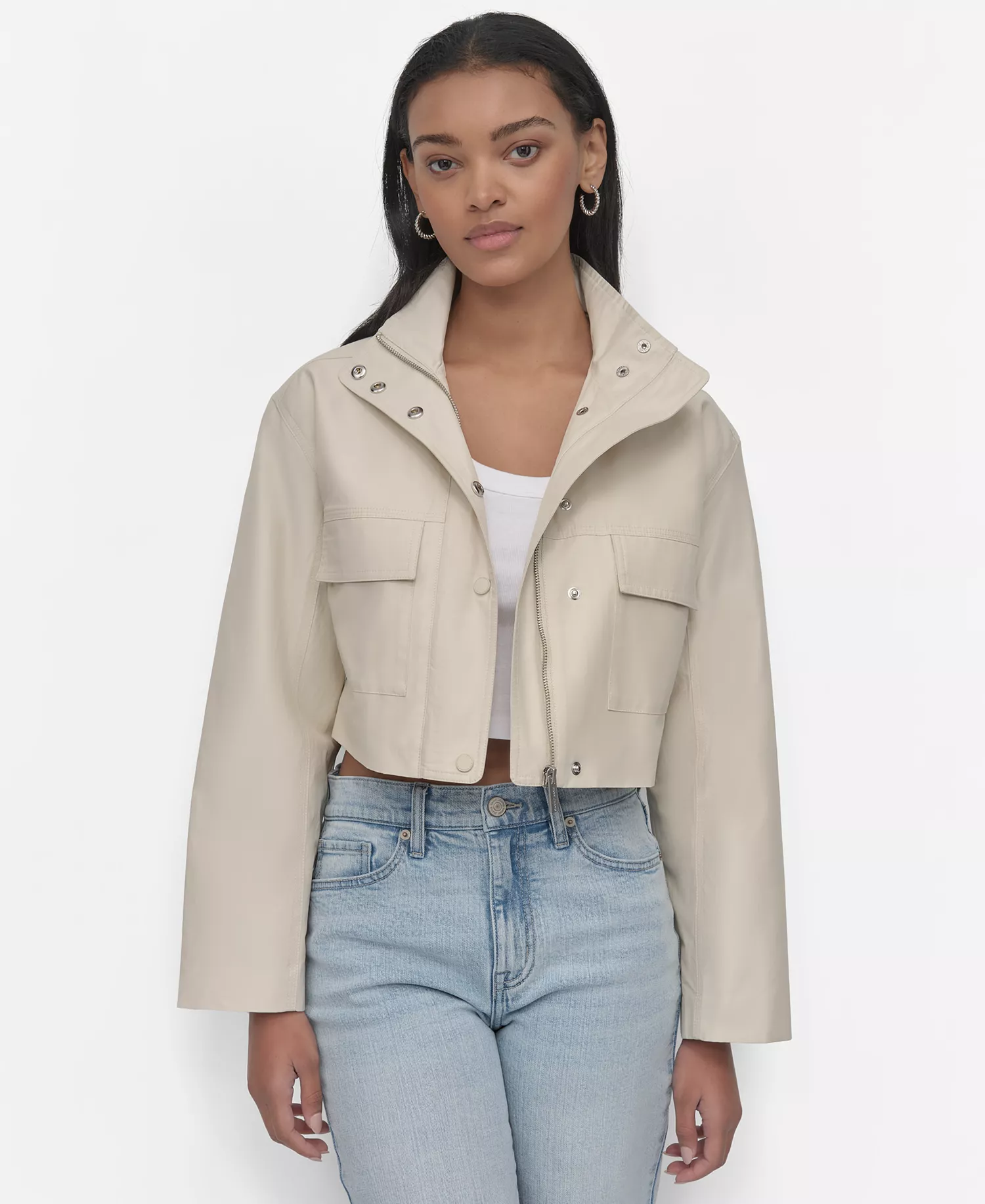 Women's Coated Water Resistant Cropped Utility Jacket - Light City Khaki - L