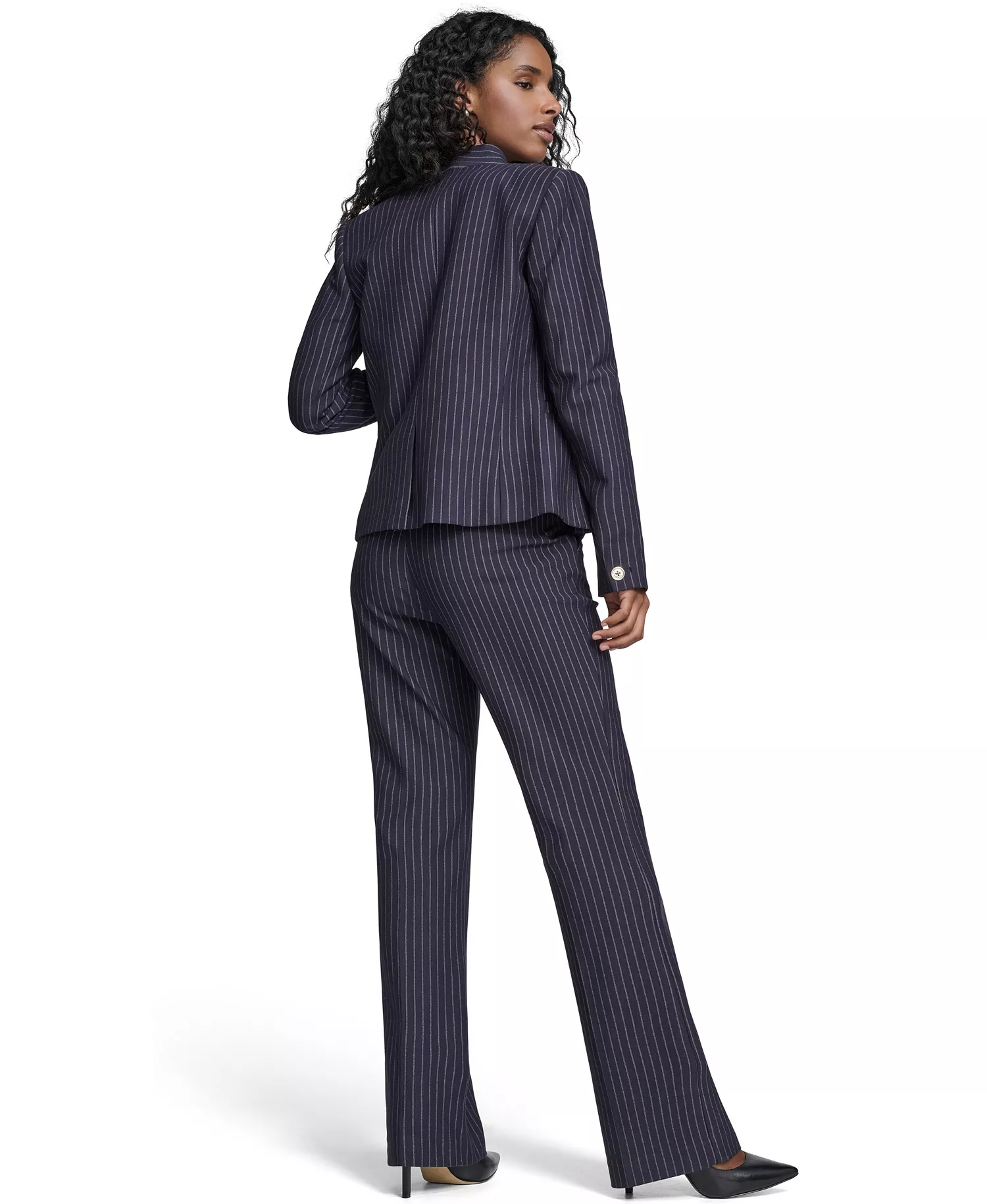 Women's Open Front Jacket, Sutton Pants and Contrast Trim Button Up Blouse - Midnight/ Khaki - 0