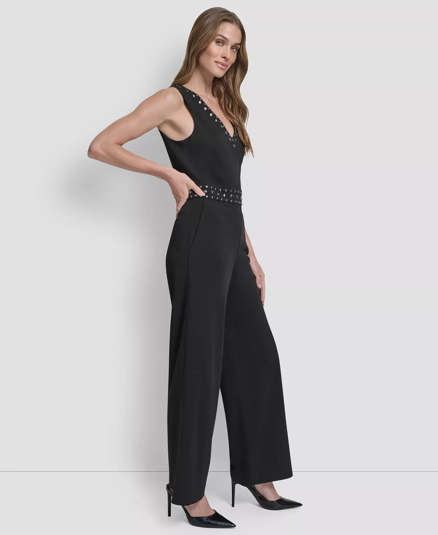 Women's Sleeveless Studded Jumpsuit - Black - 12