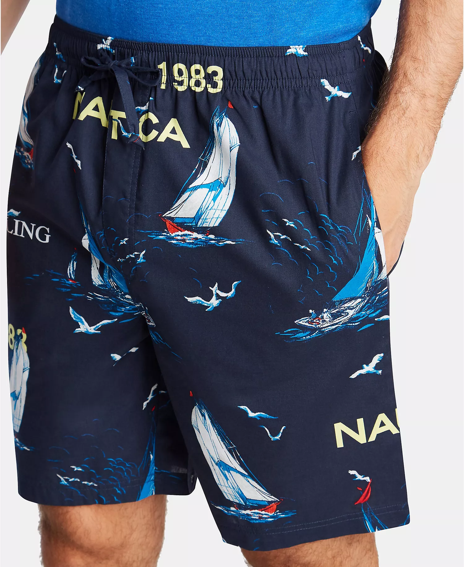 Men's Cotton Sailboat-Print Pajama Shorts - Navy - M