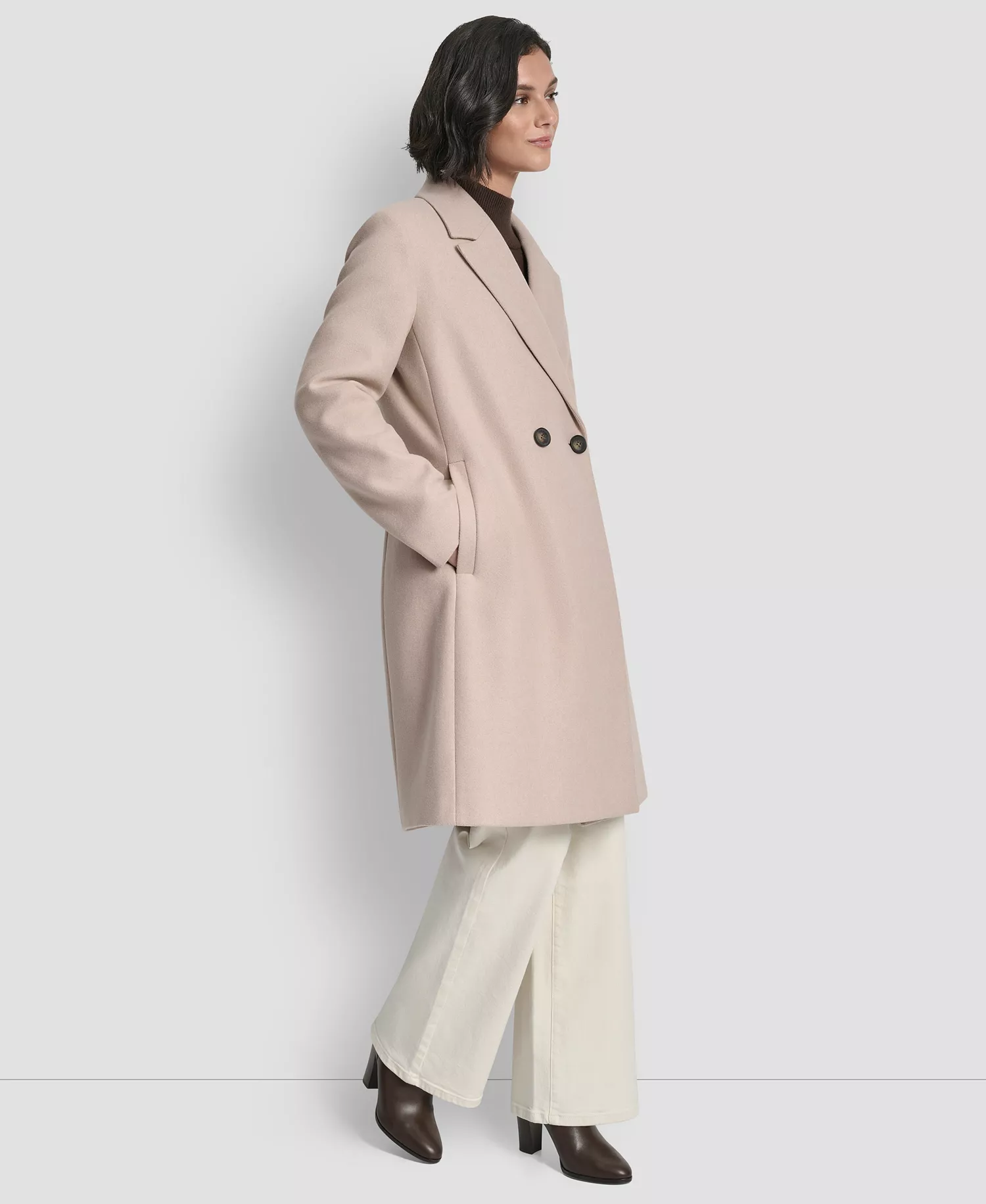 Women's Double-Breasted Notch Collar Coat - Beige Melange - L