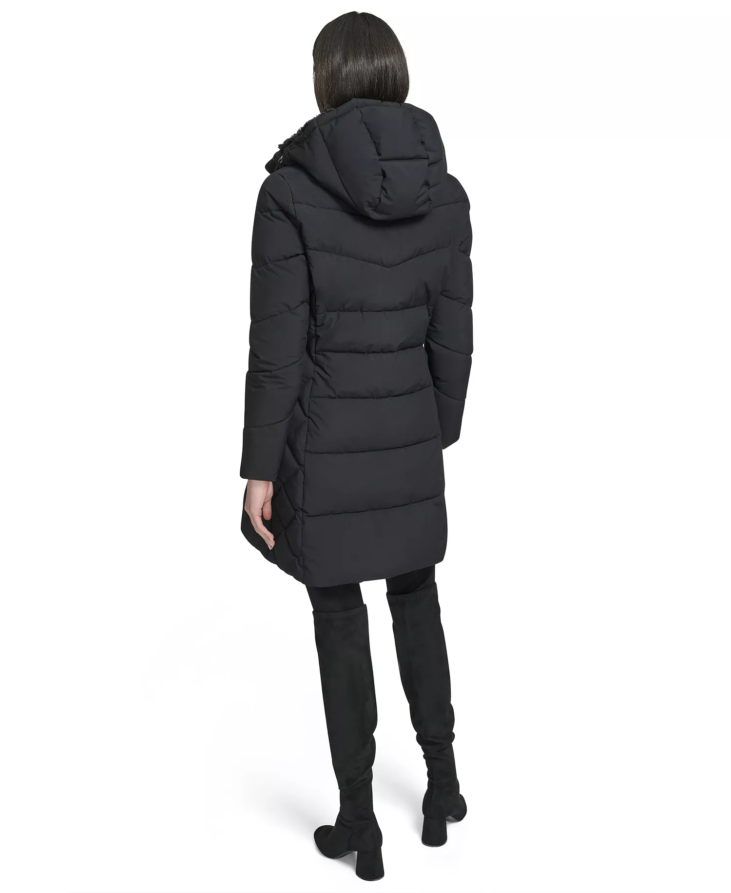 Women's Collar Hooded Puffer Coat - Black - L