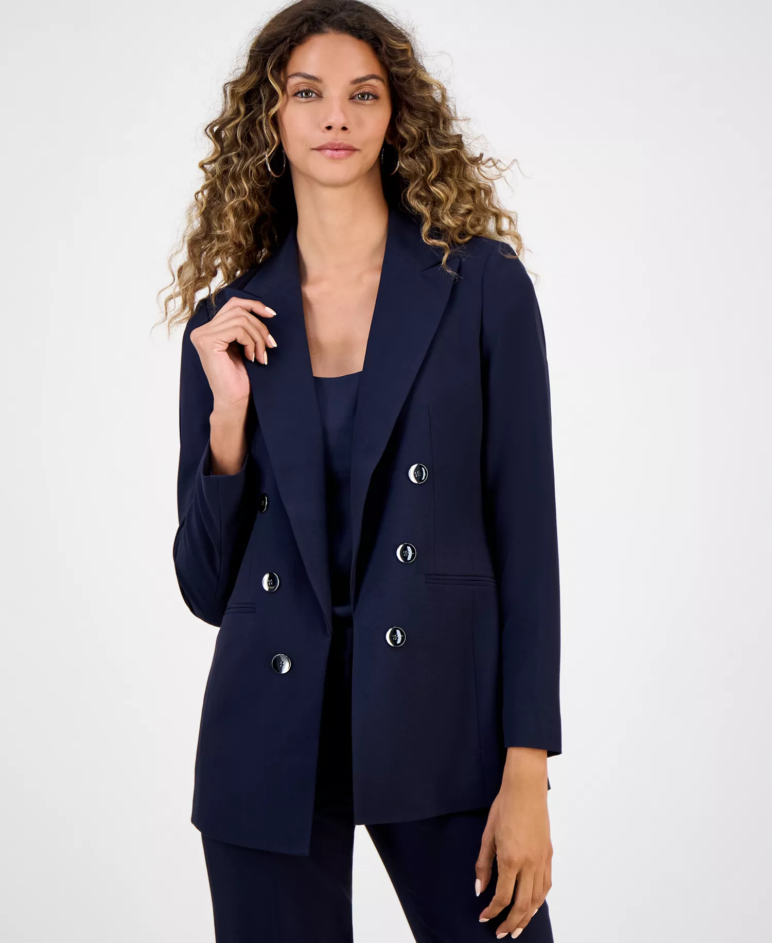 Women's Bi-Stretch Faux Double-Breasted Boyfriend Jacket, Created for Macy's - Bar Navy - L