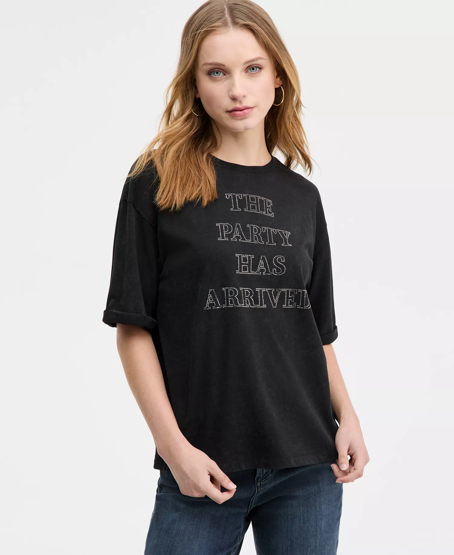 Women's Short-Sleeve Studded Party T-Shirt - Black - L