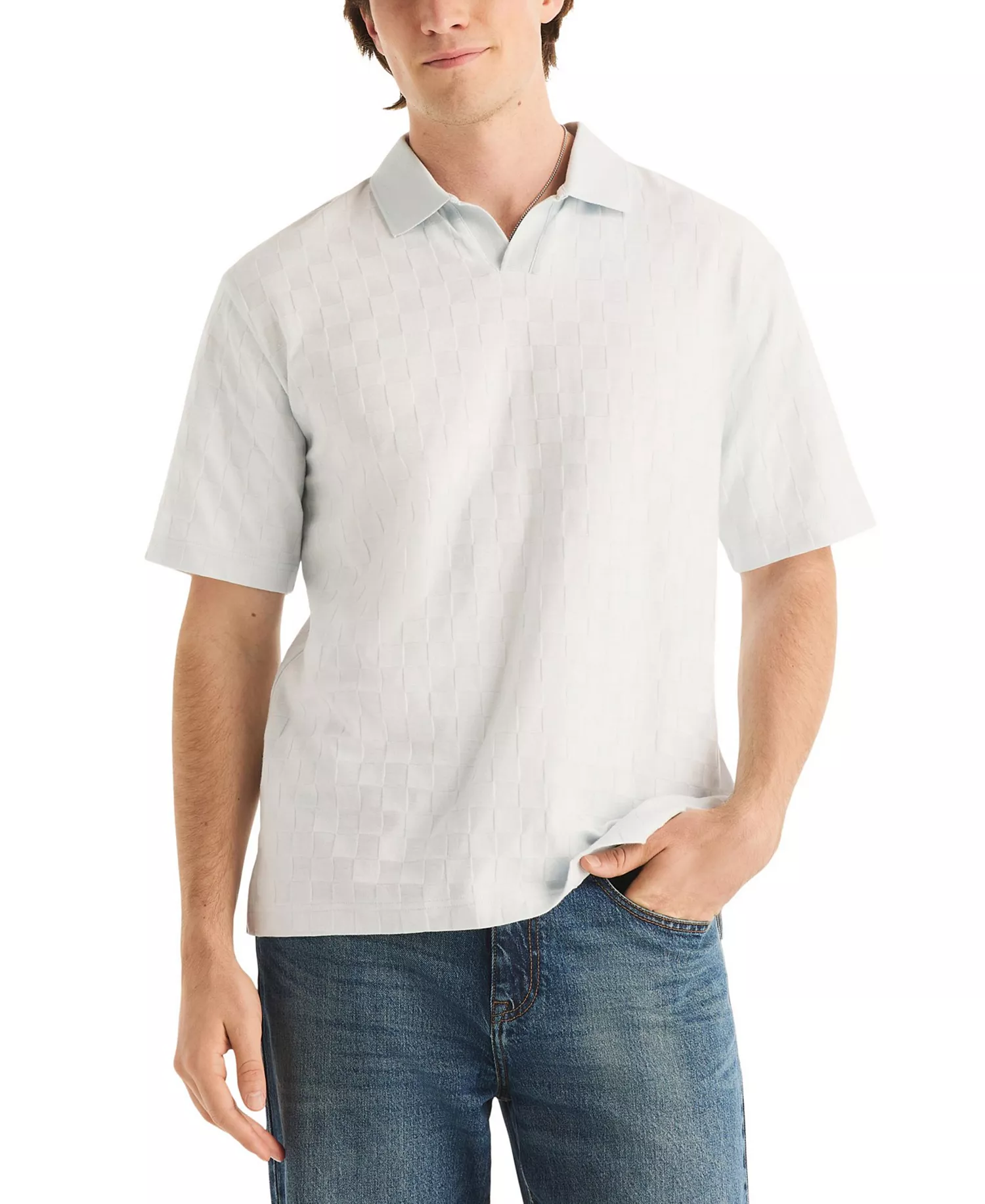 Men's Short-Sleeve Checker Jacquard Polo Shirt - Baby Blue - L