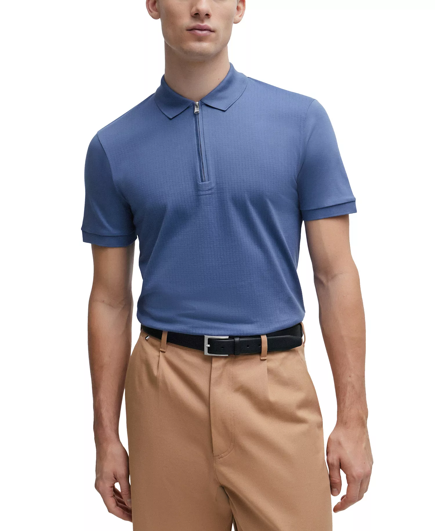 Men's Zip Placket Slim-Fit Polo Shirt - Open Blue - 2XL