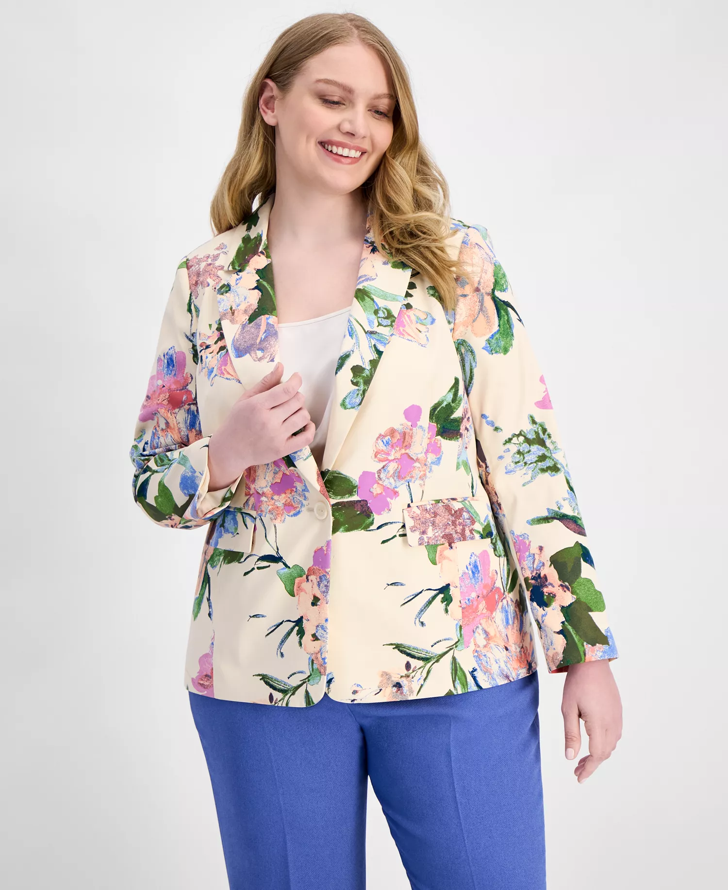 Plus Size Floral Print Single-Button Blazer  - Sand Peach - 14W