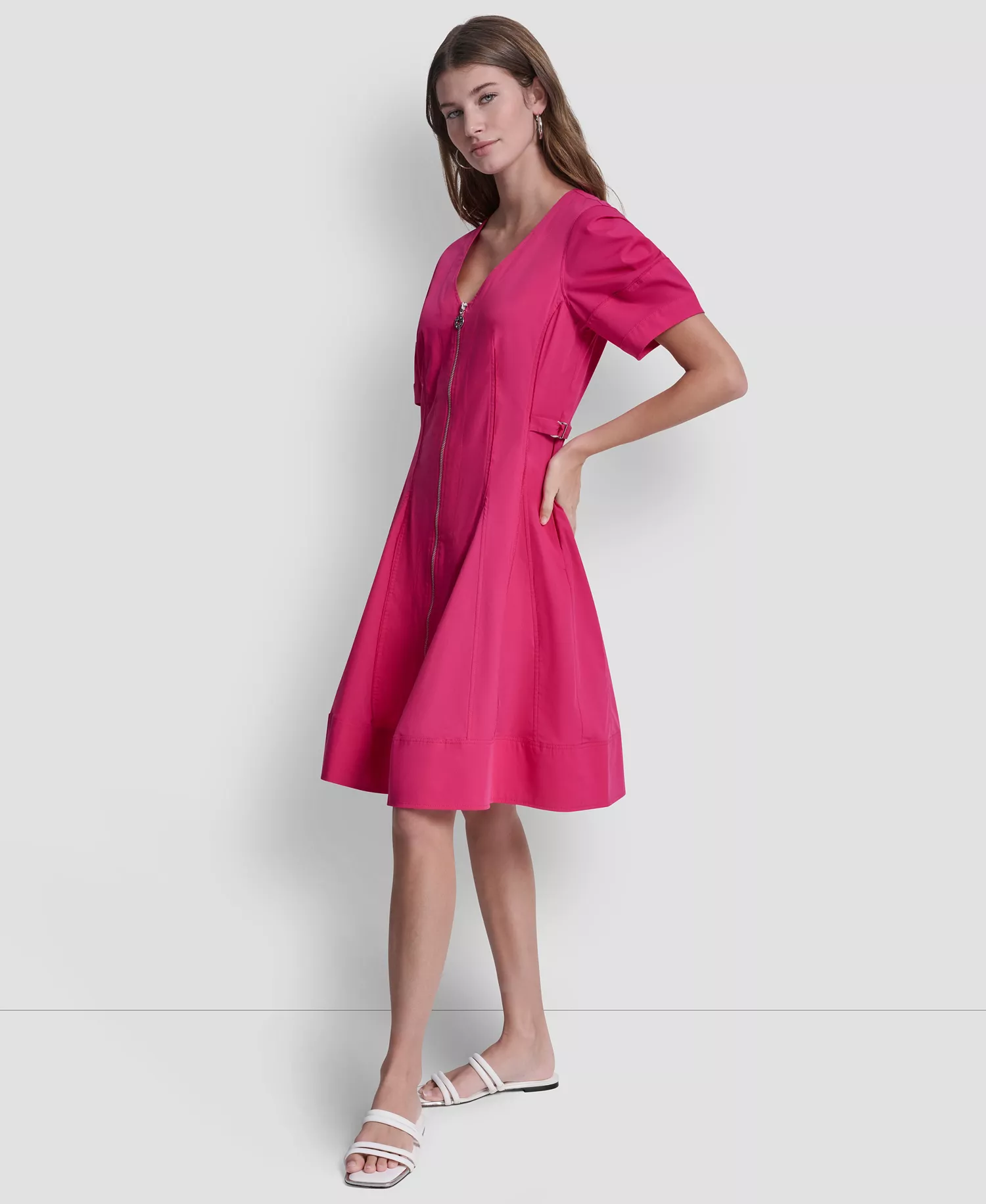 Women's Lantern Puff-Sleeve V-Neck Dress - Hot Pink - 0
