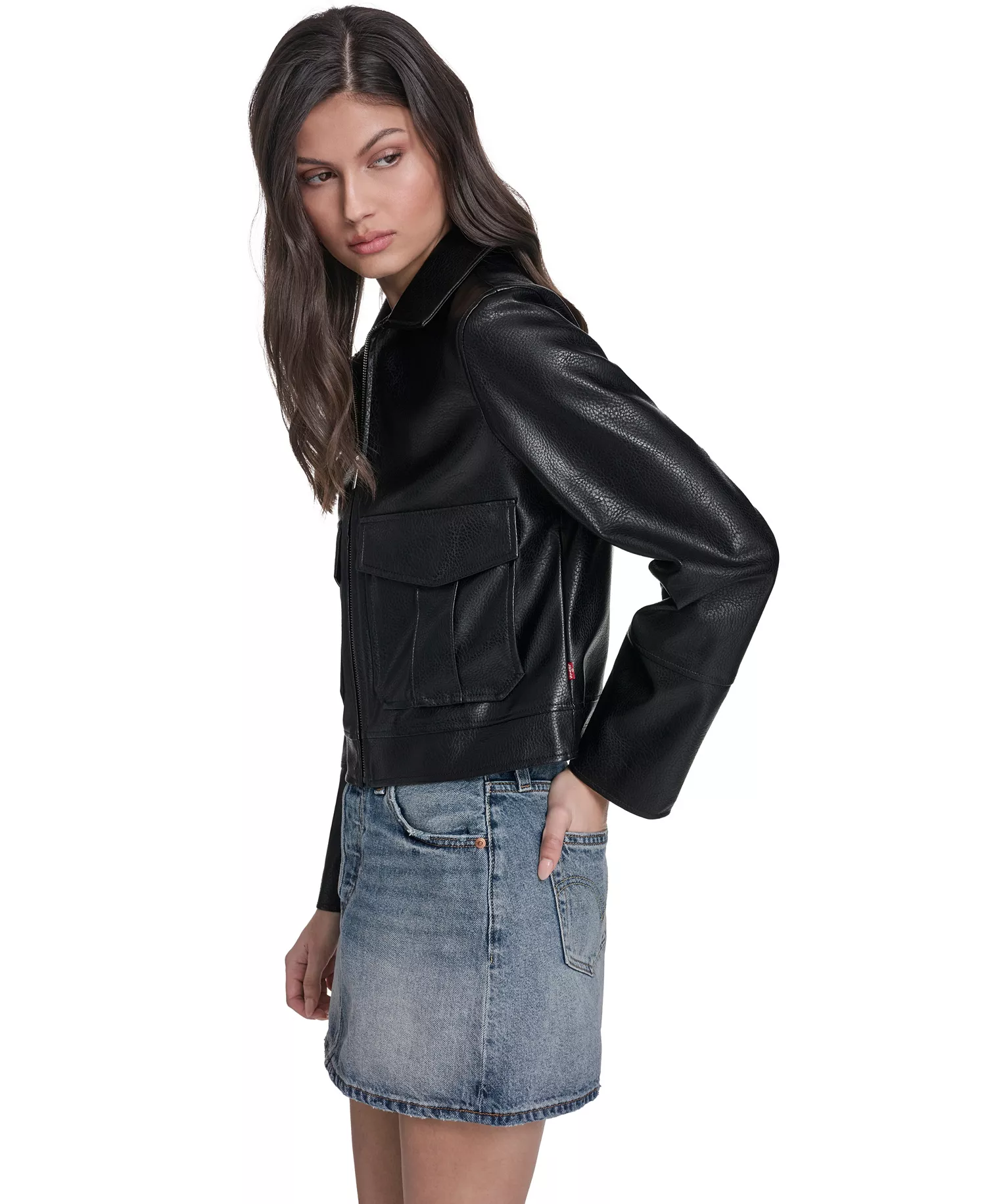 Women's Faux Leather Zip-Front Jacket - Black - L