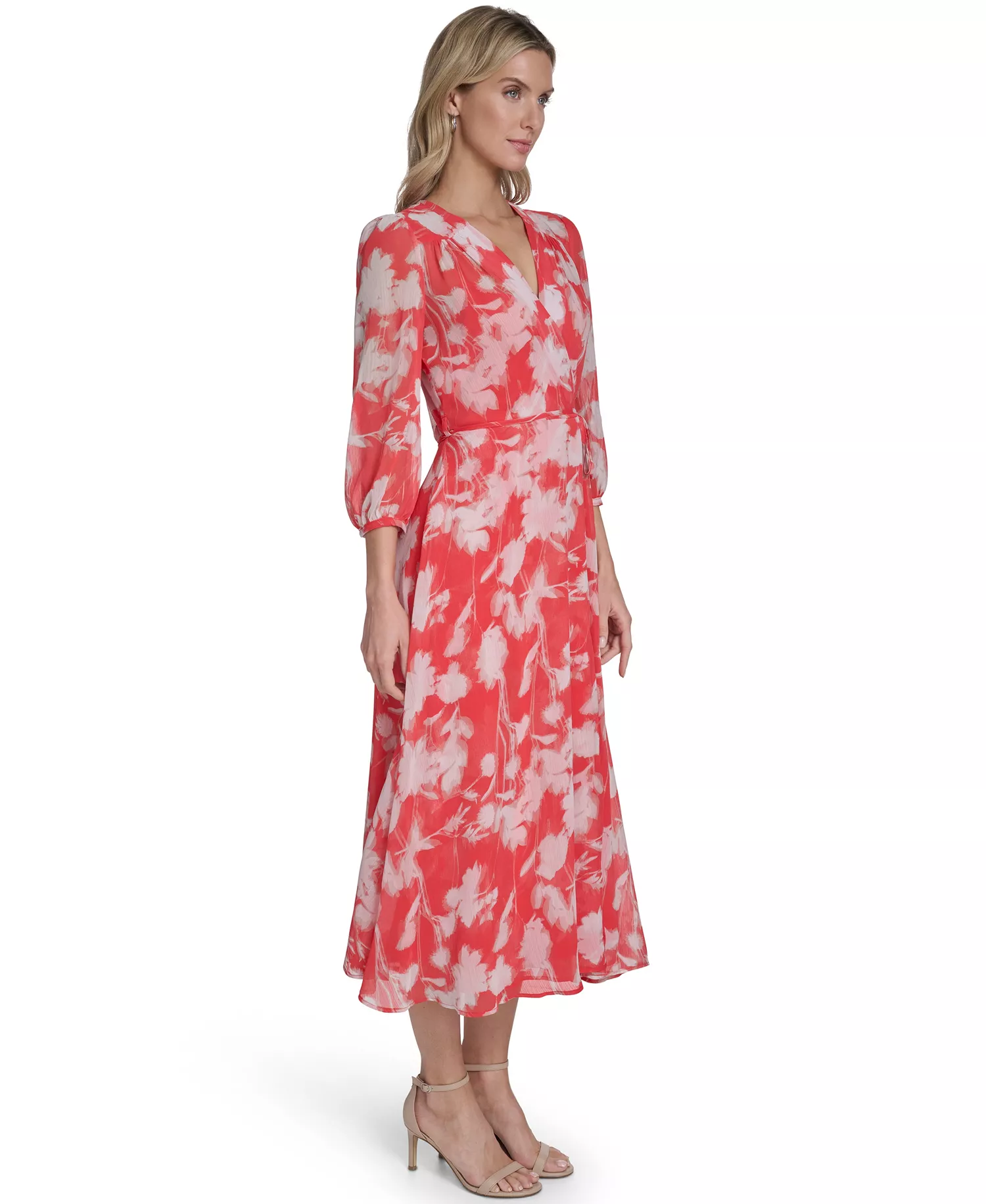 Women's 3/4-Sleeve V-Neck Midi Dress - Ginger Multi - 10