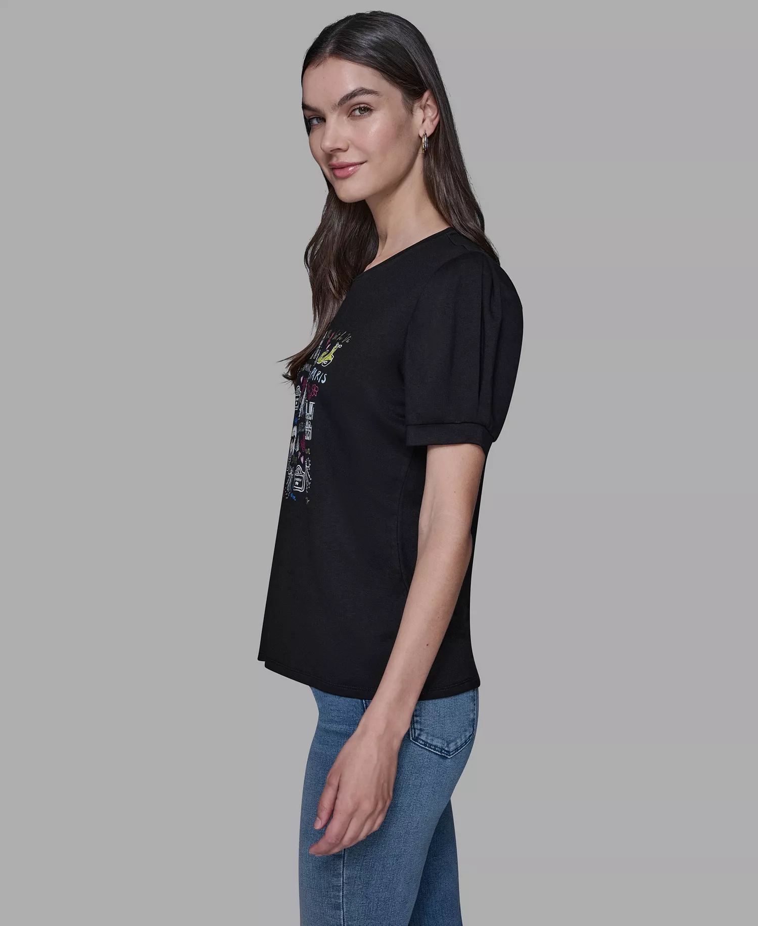 Women's Printed Short-Sleeve Top - Black - L