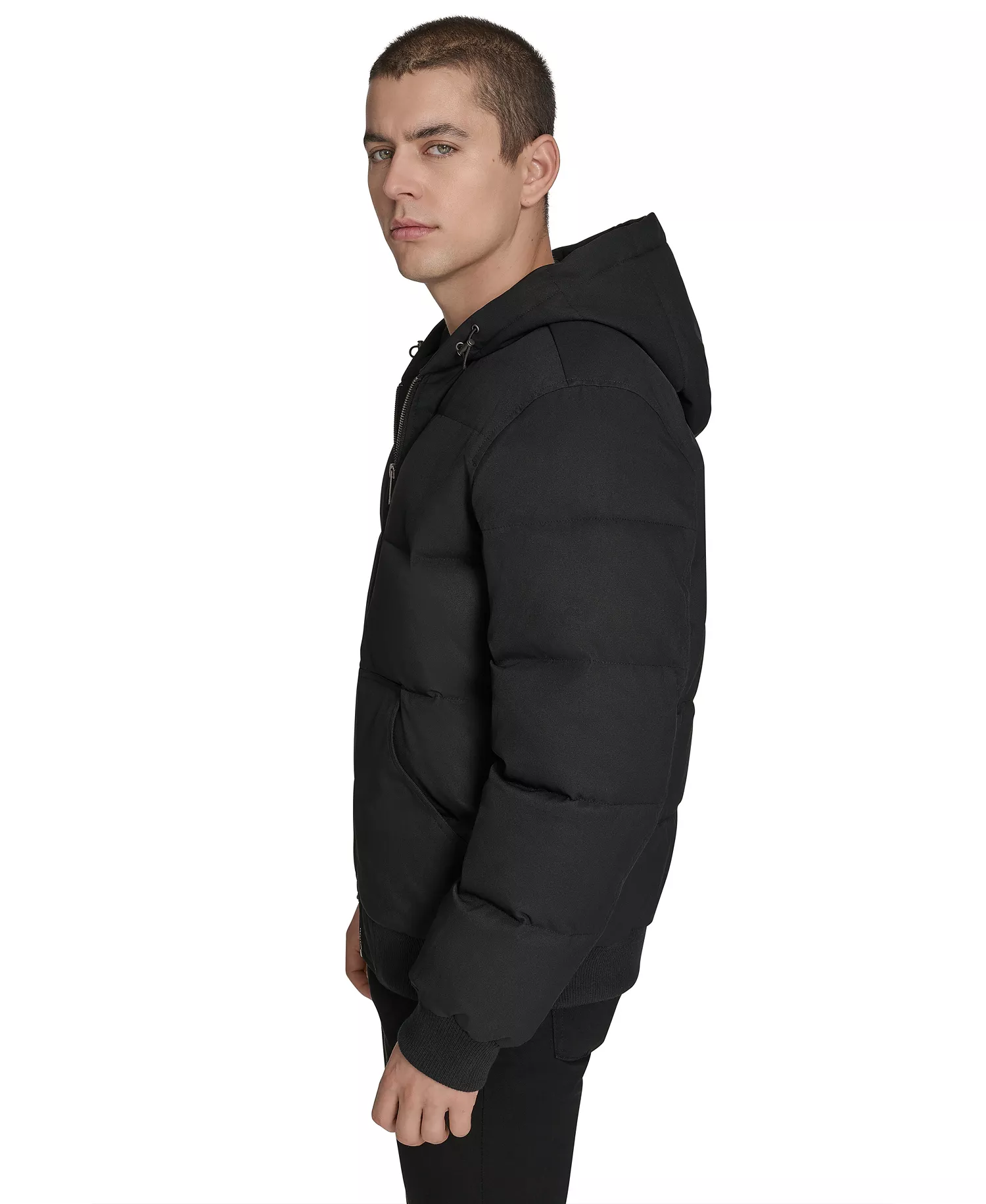 Men's Quilted Bomber with Hood Jacket - Black - 2XL