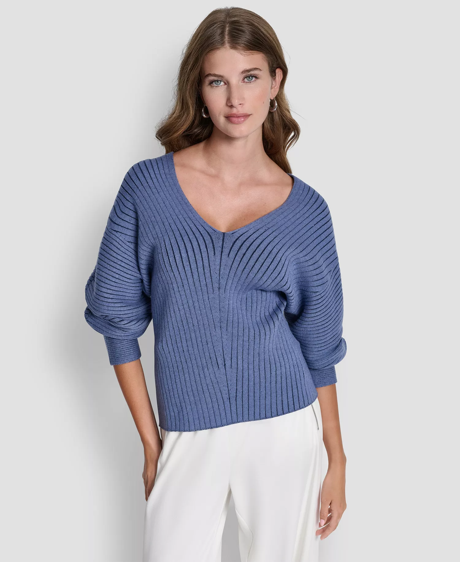 Women's V-Neck Long-Sleeve Rib-Knit Sweater  - Liberty Sky/hudson Blue - L