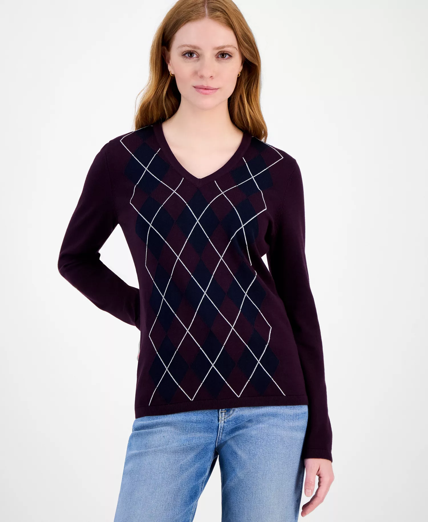 Women's Cotton Arglye Ivy Sweater - Aubergine/ Sky Captain Multi - M