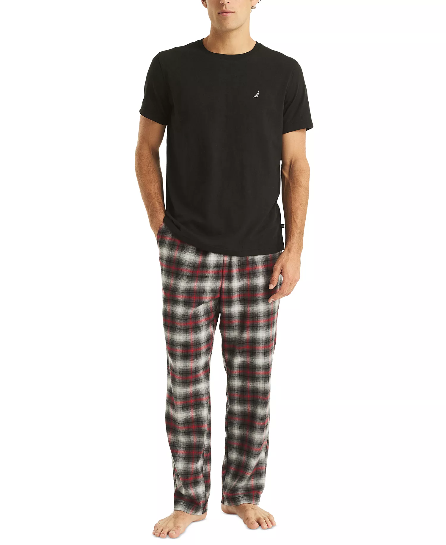 Men's Plaid Pajama Pants & Solid Pajama T-Shirt Set - True Black - L