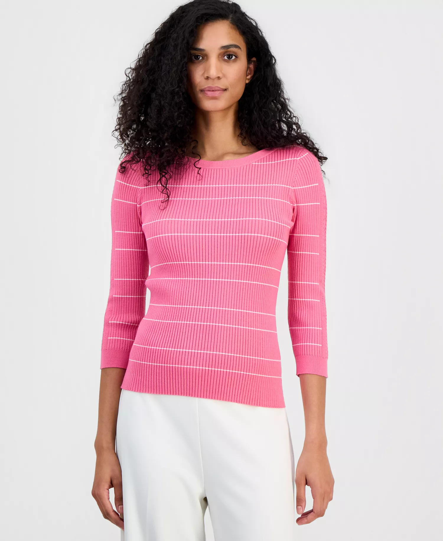 Women's Ribbed Boat-Neck Sweater - Parisian Pink / White - L