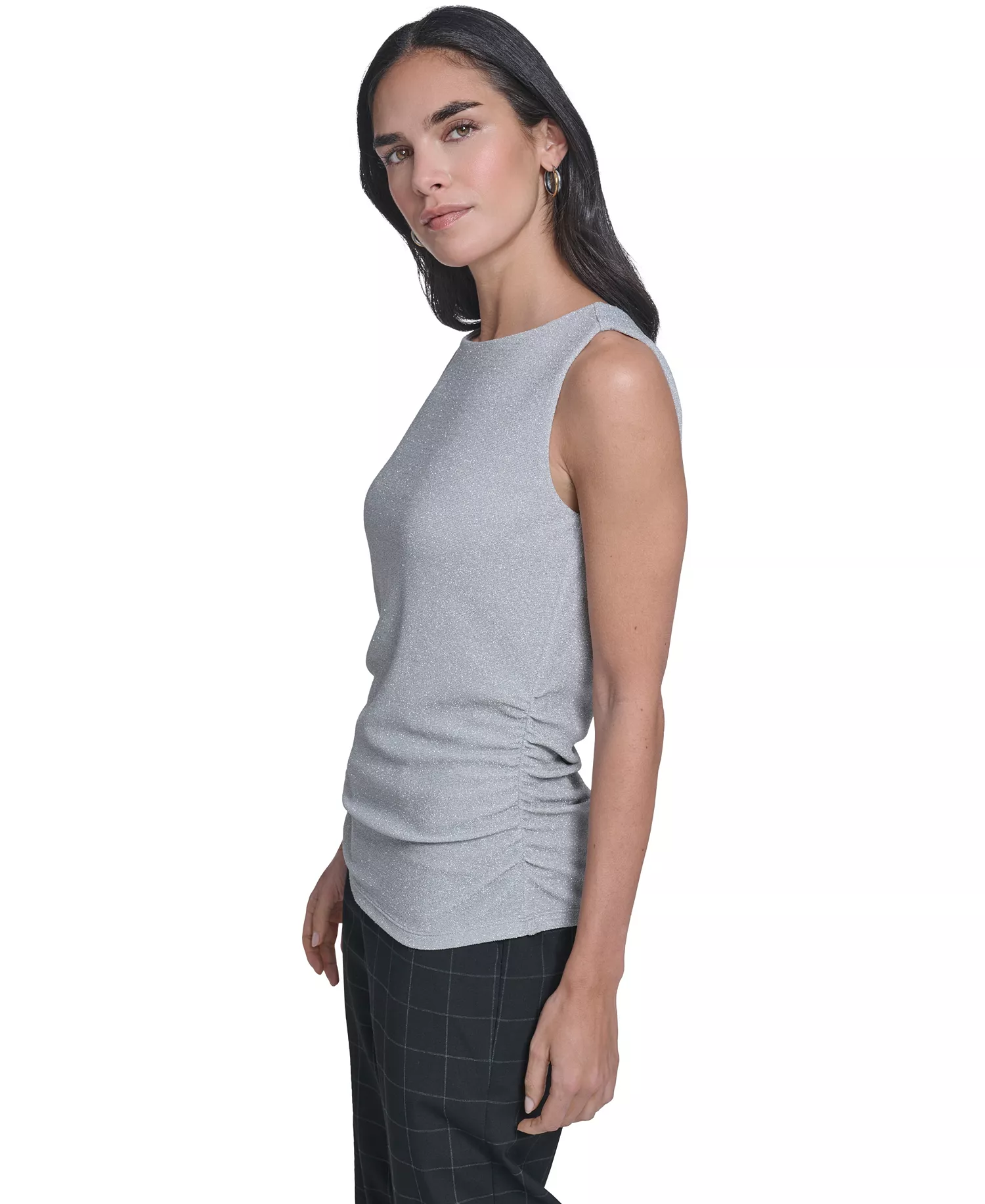 Women's Novelty Boat Neck Ruched Top - Silver gray - L