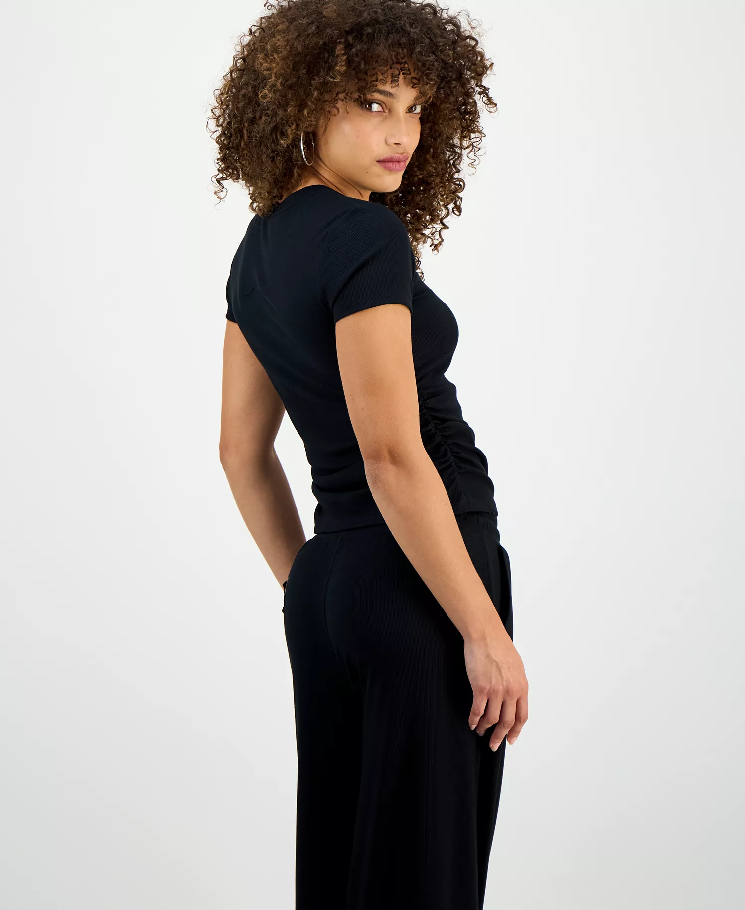 Petite Side-Ruched Ribbed Knit T-Shirt, Macy's Exclusive - Deep Black - P/L