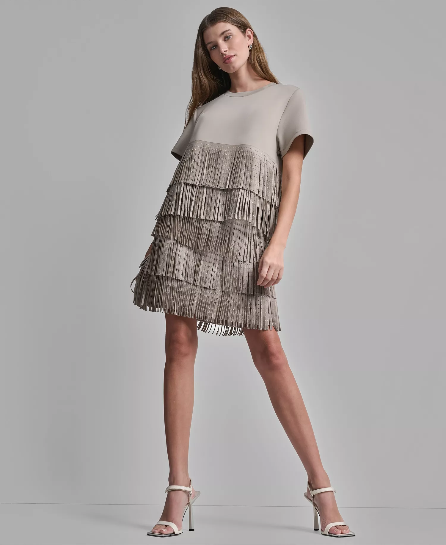 Women's Studded Fringe Short-Sleeve T-Shirt - Pebble - L