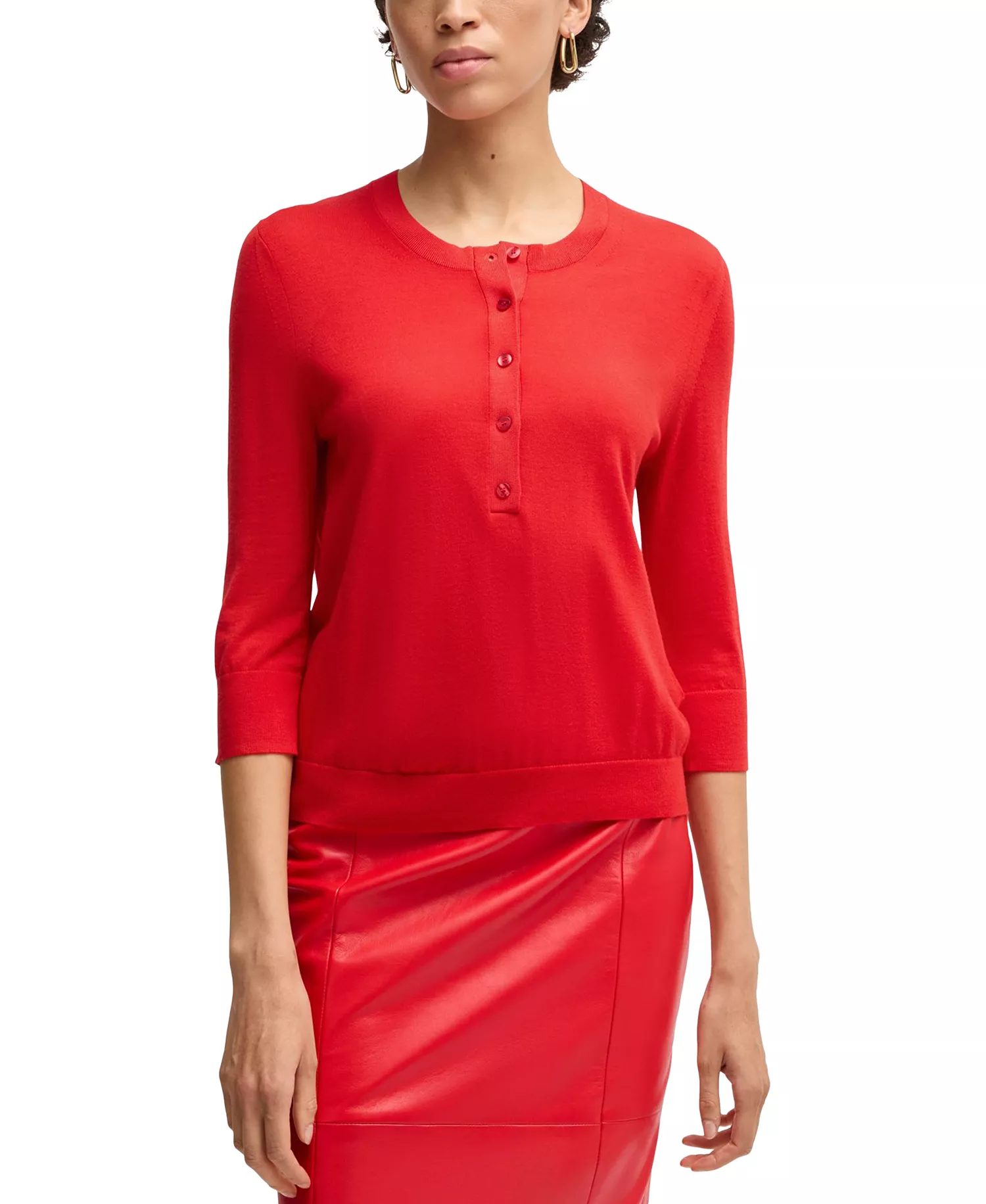 Women's Merino Wool Henley Sweater - Bright Red - M