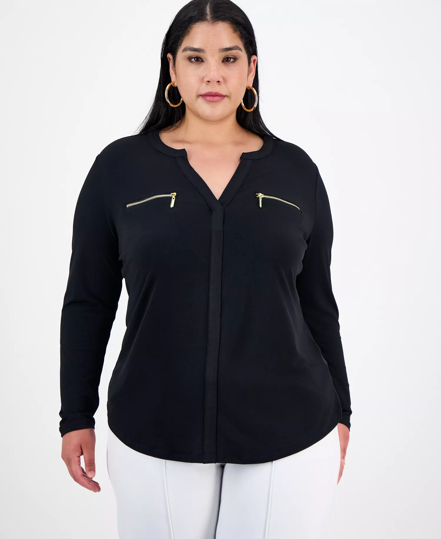 Plus Size Zip-Pocket Top, Created for Macy's - Deep Black - 0X