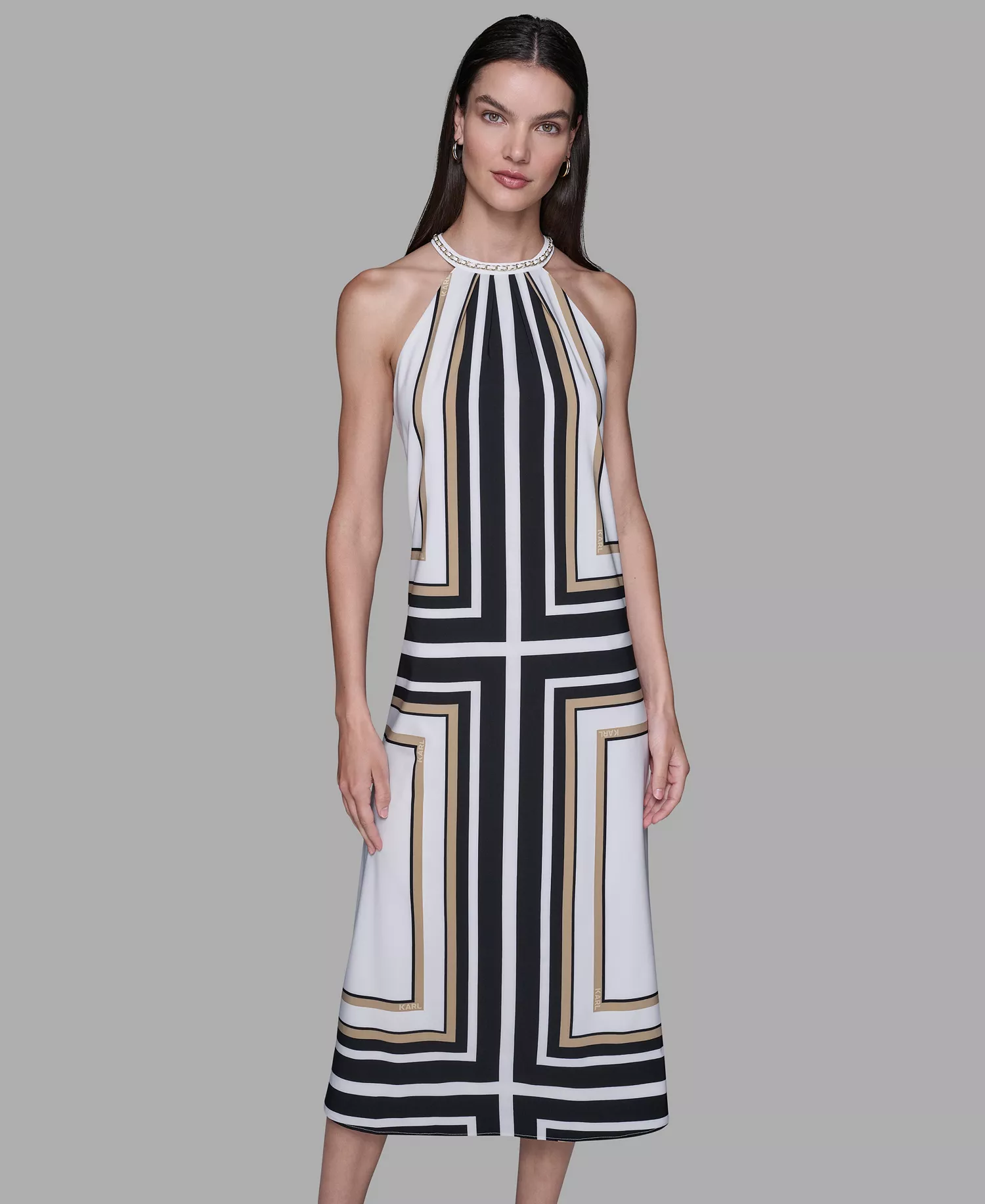 Women's Halter Neck Printed Midi Dress - Soft White Khaki Multi - 0