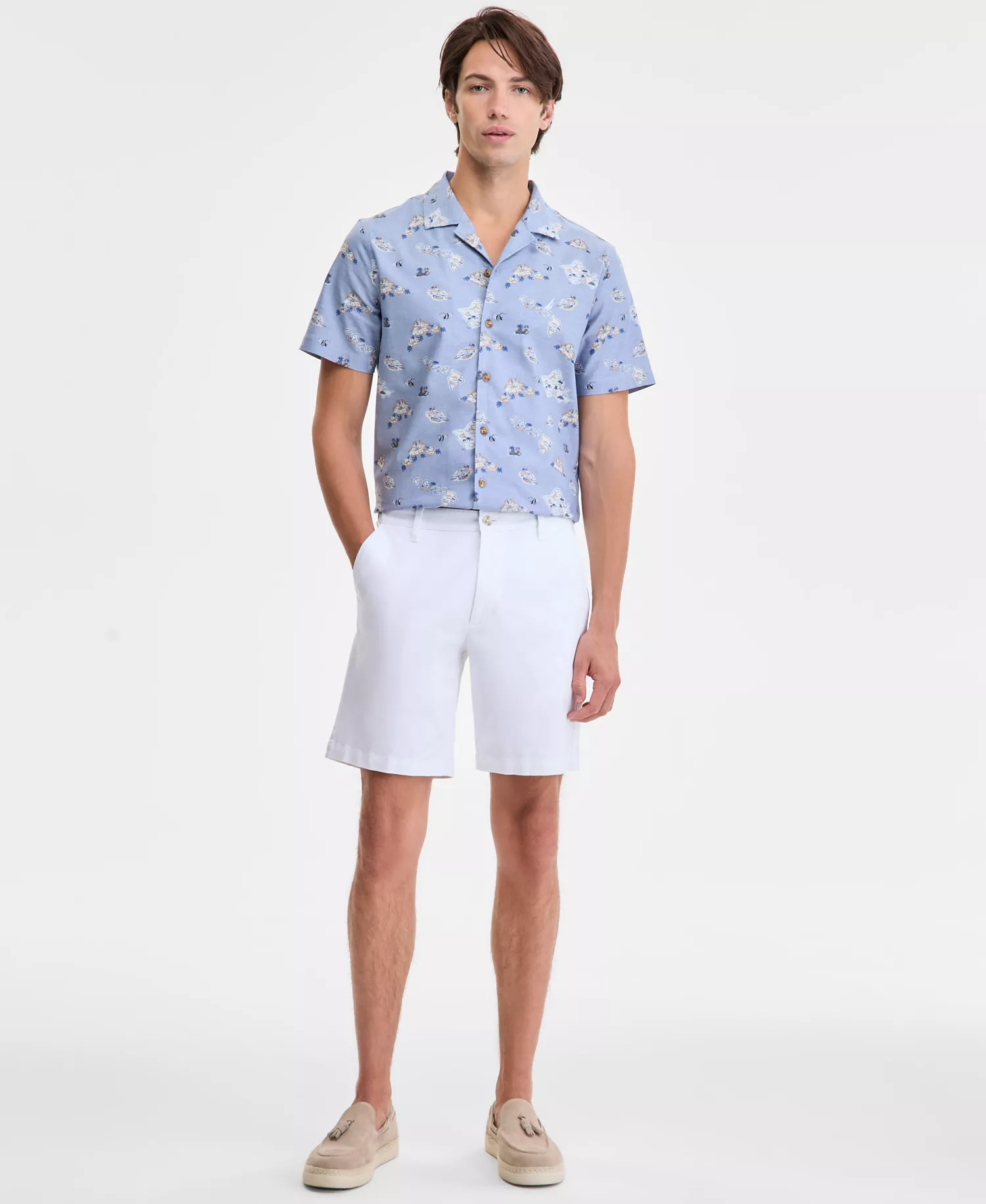 Men's Classic-Fit Printed Button-Down Camp Shirt - Moonlight Blue - 2XL