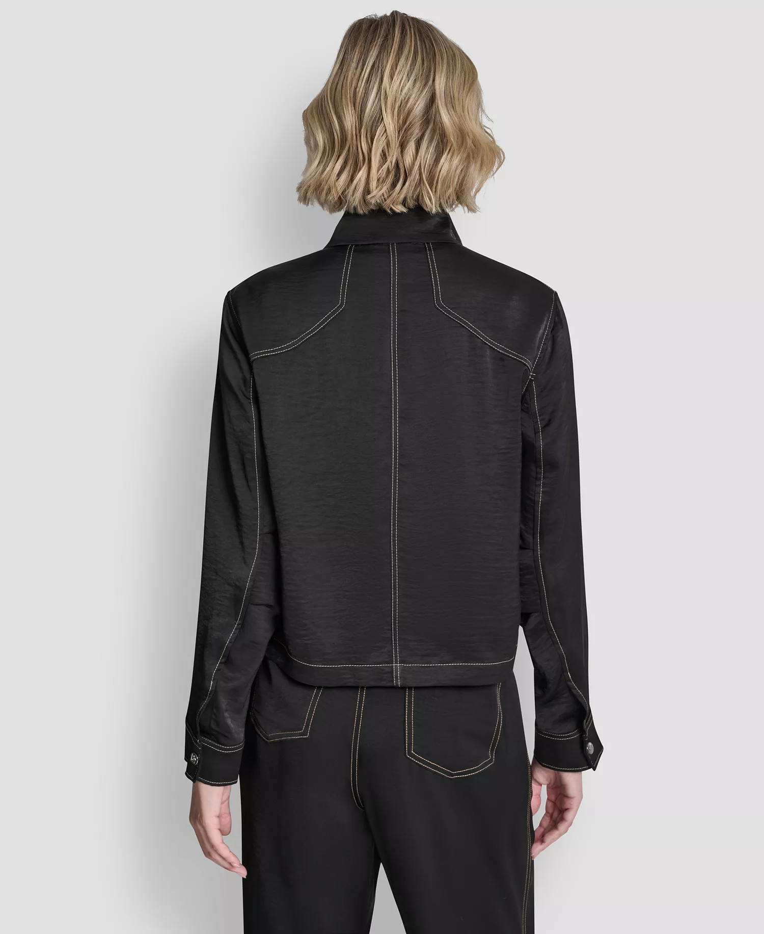 Women's Top Stitch Glazed High Mock Neck Dressing Jacket, Glazed Dressing Trousers and Long-Sleeve Exposed Seam Mesh Top with Sleeveless Camisole - Black - L