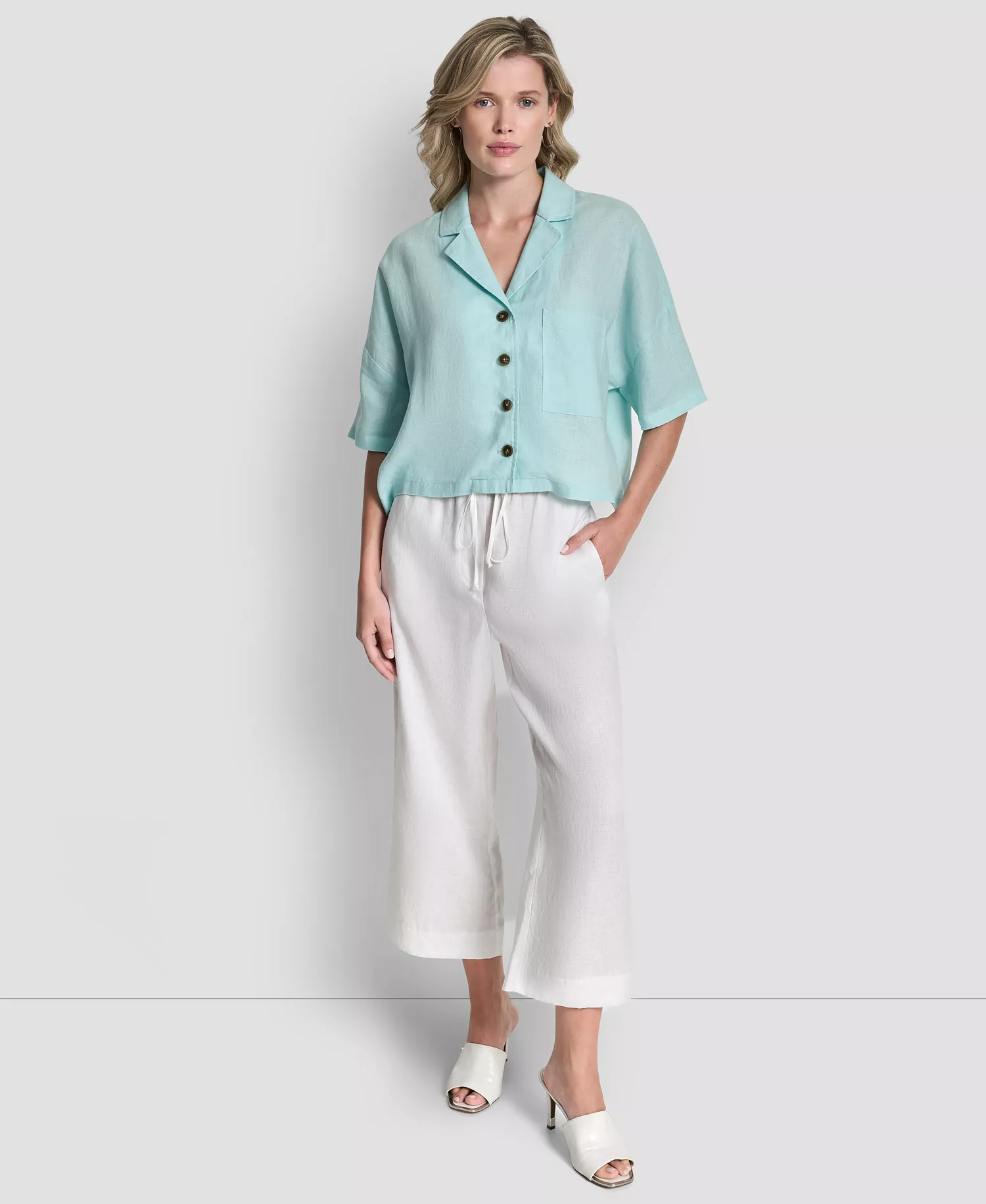 Women's Button-Front Dolman-Sleeve Linen Top - Aqua - L