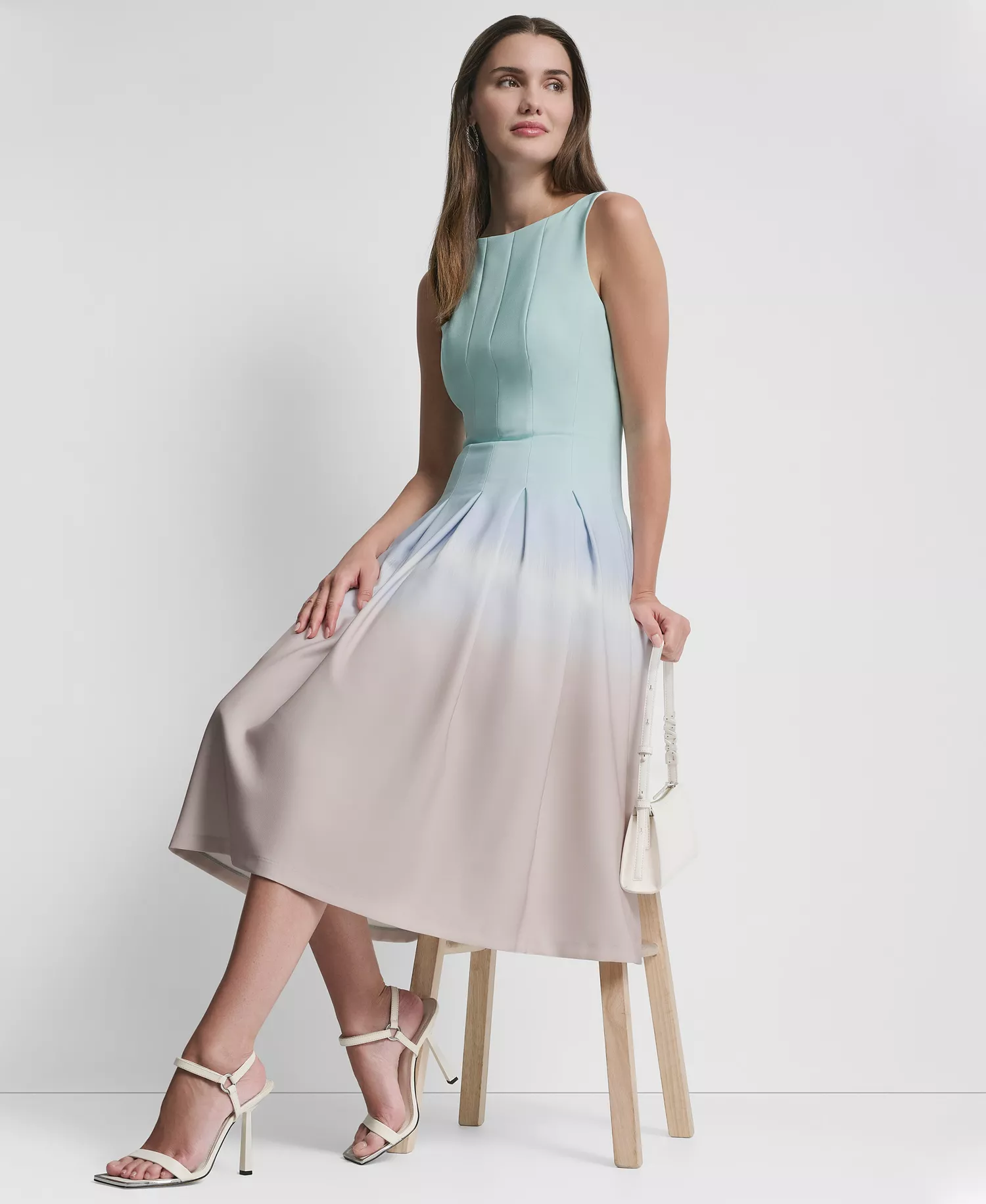 Women's Sleeveless Pleated Boat Neck Midi Dress - Bleached Aqua Multi - 0P