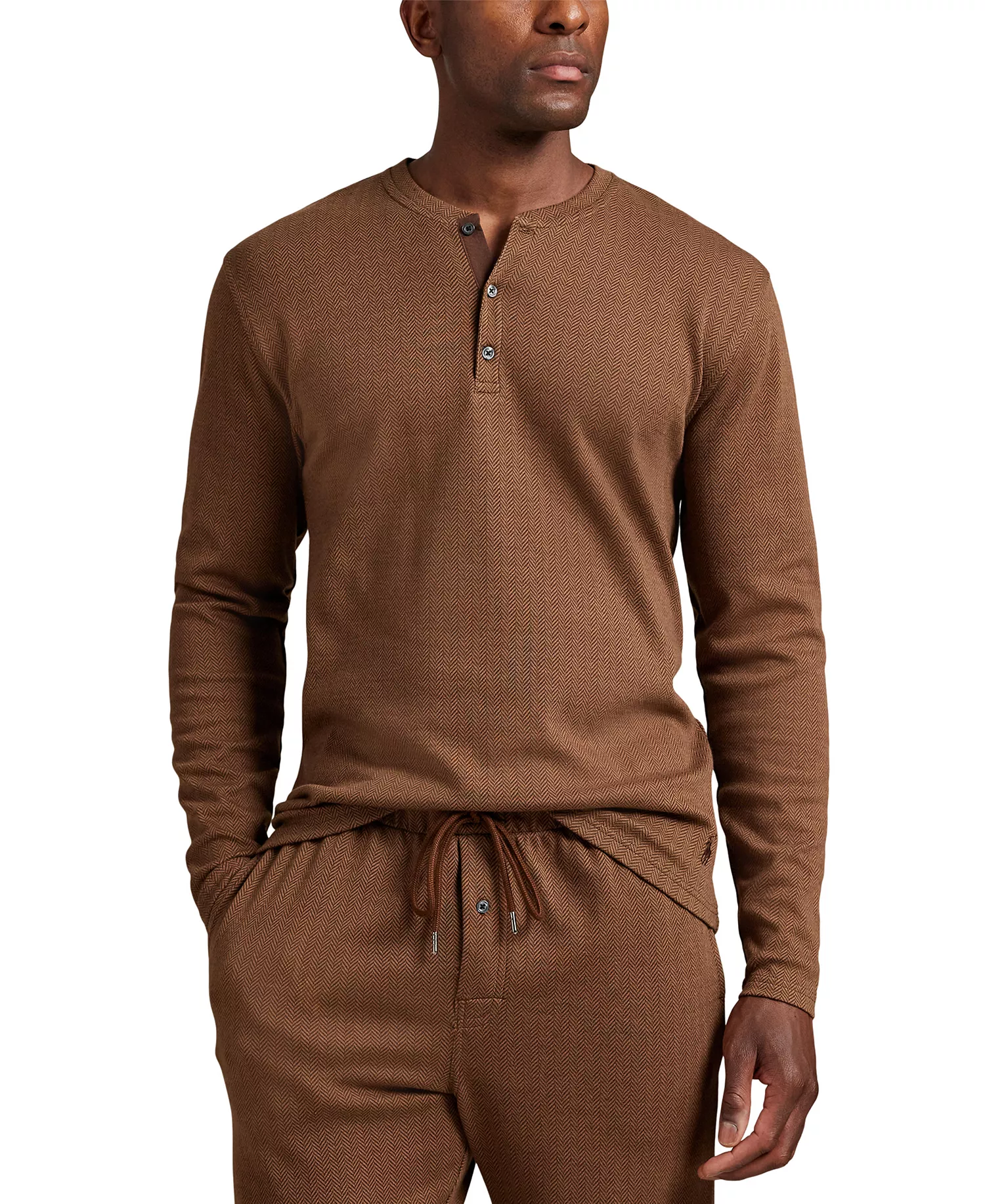 Men's Long Sleeve Herringbone Henley Sleep Shirt - American Brown - L