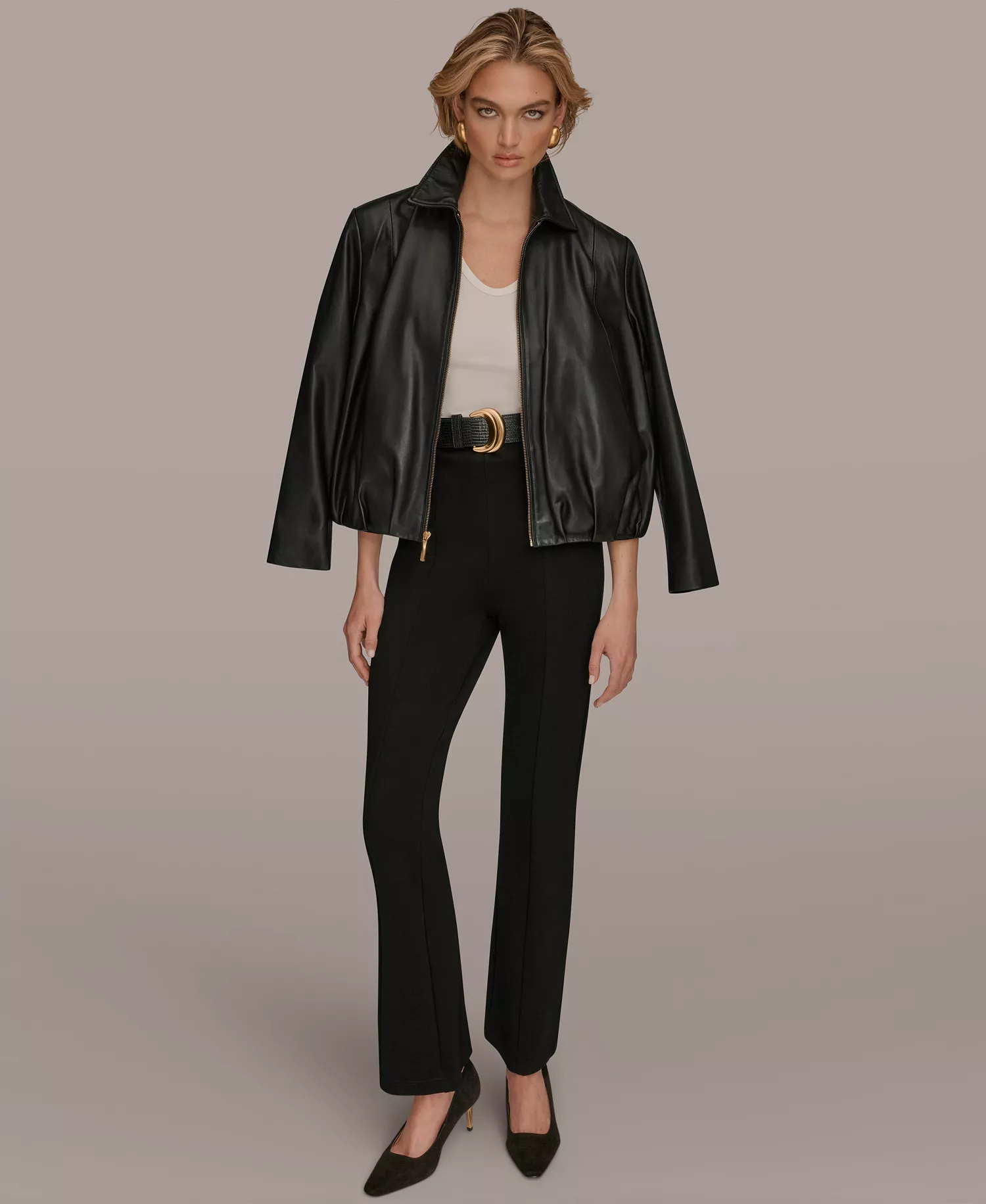 Women's Leather Bomber Jacket - Black - L