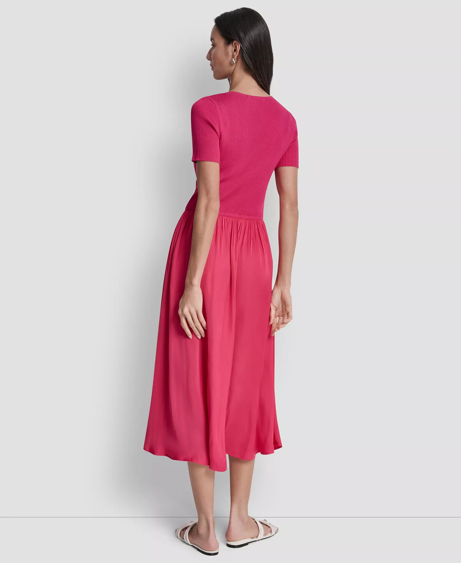 Women's Short-Sleeve Mixed Media Midi Sweater Dress - Hot Pink - L