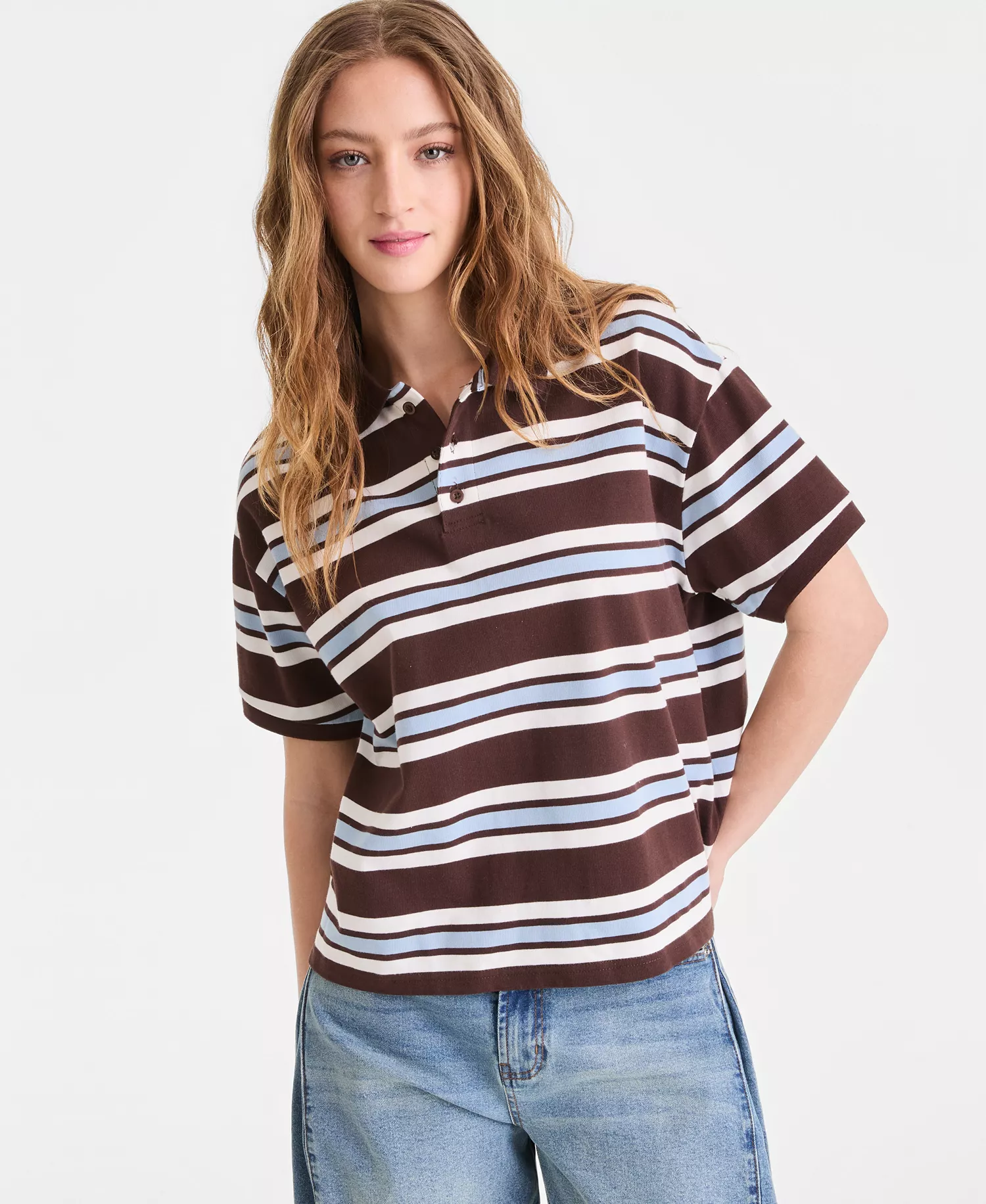 Women's Striped Cotton Short-Sleeve Rugby Shirt, Macy's Exclusive - Bittersweet - L