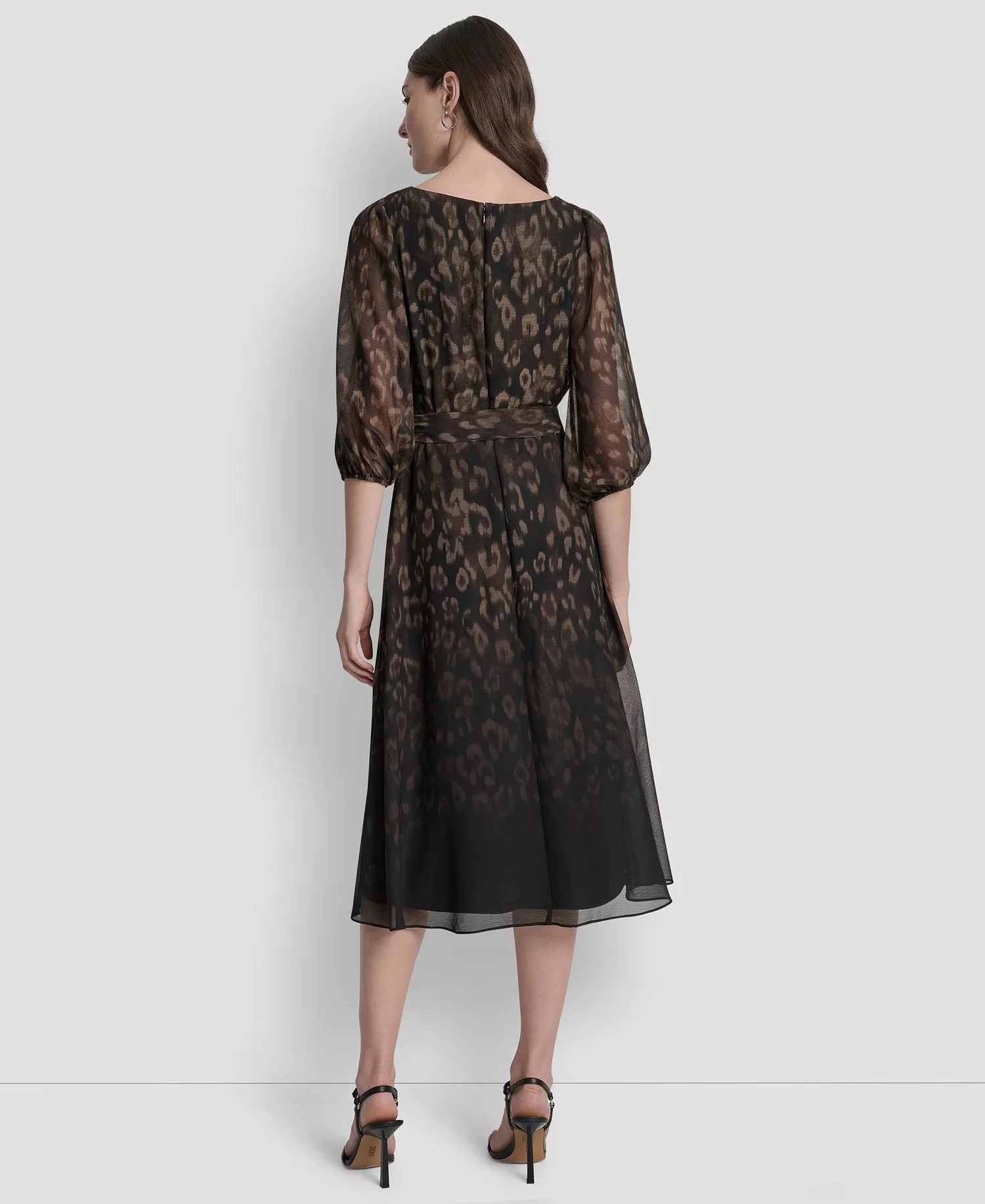 Women's Balloon Sleeve Faux Wrap Midi Dress - Chocolate/Black - 2