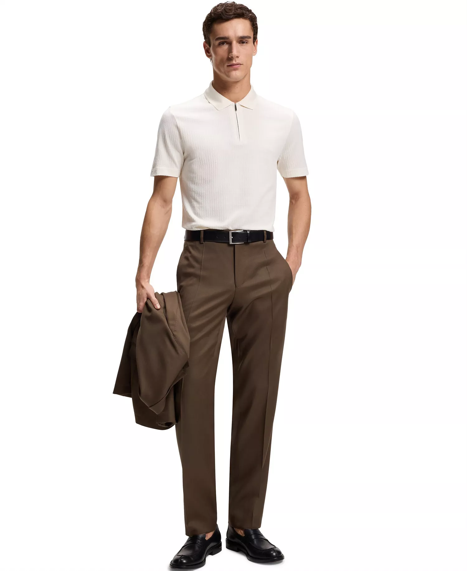 Men's Cotton Silk Zip-Neck Polo Shirt - Open White - L