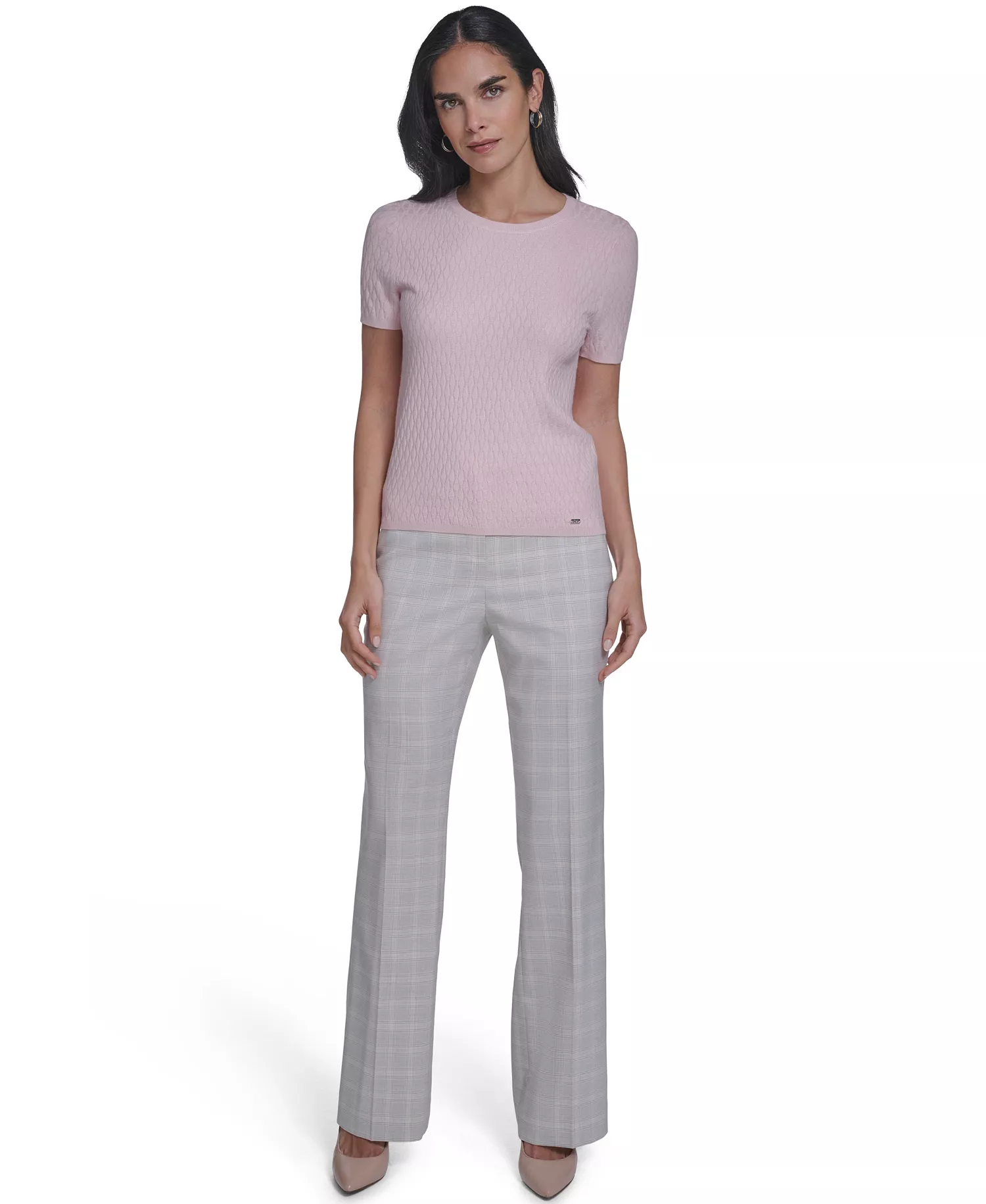 Petite Textured Short-Sleeve Sweater - Latte/Petal Pink - P/L