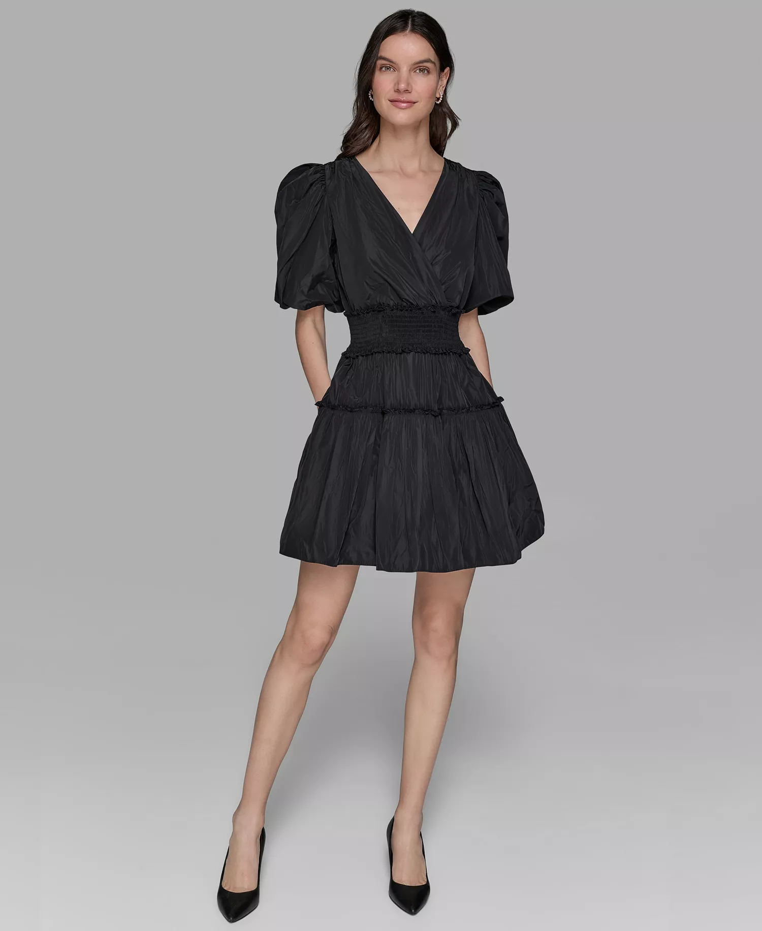 Women's Short-Sleeve Taffeta Fit & Flare Dress - Black - 10