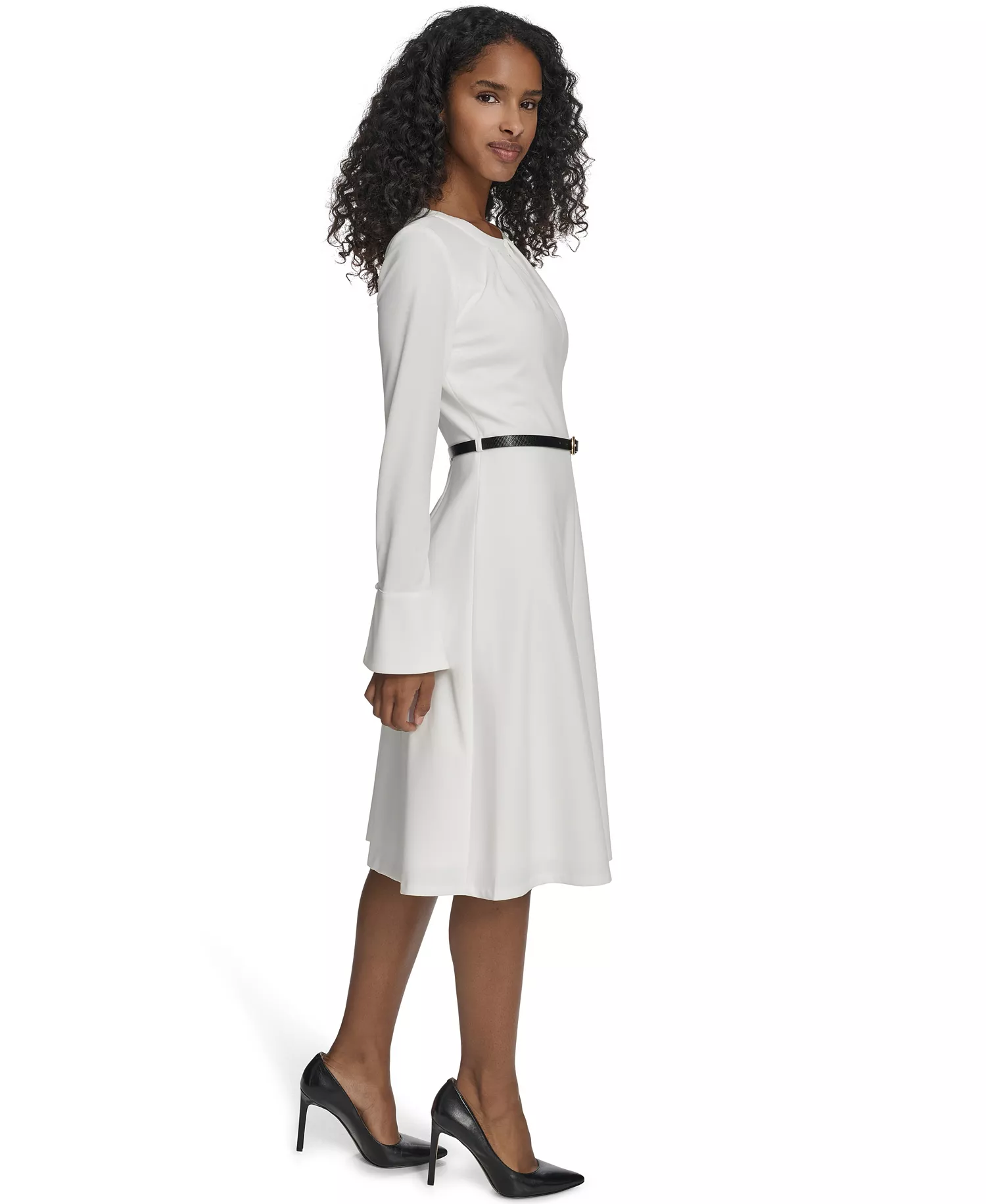 Women's Belted Bell Sleeve Crew Neck Dress - Cream - 10