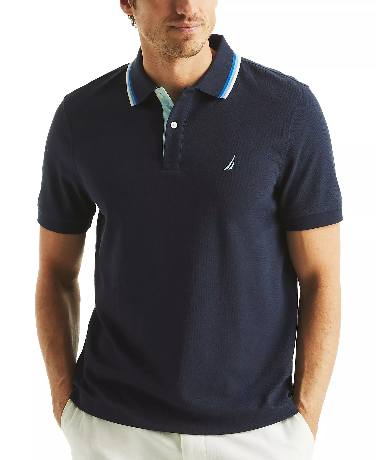 Men's Textured Tipped Collar Polo Shirt - Navy Seas - 2XL