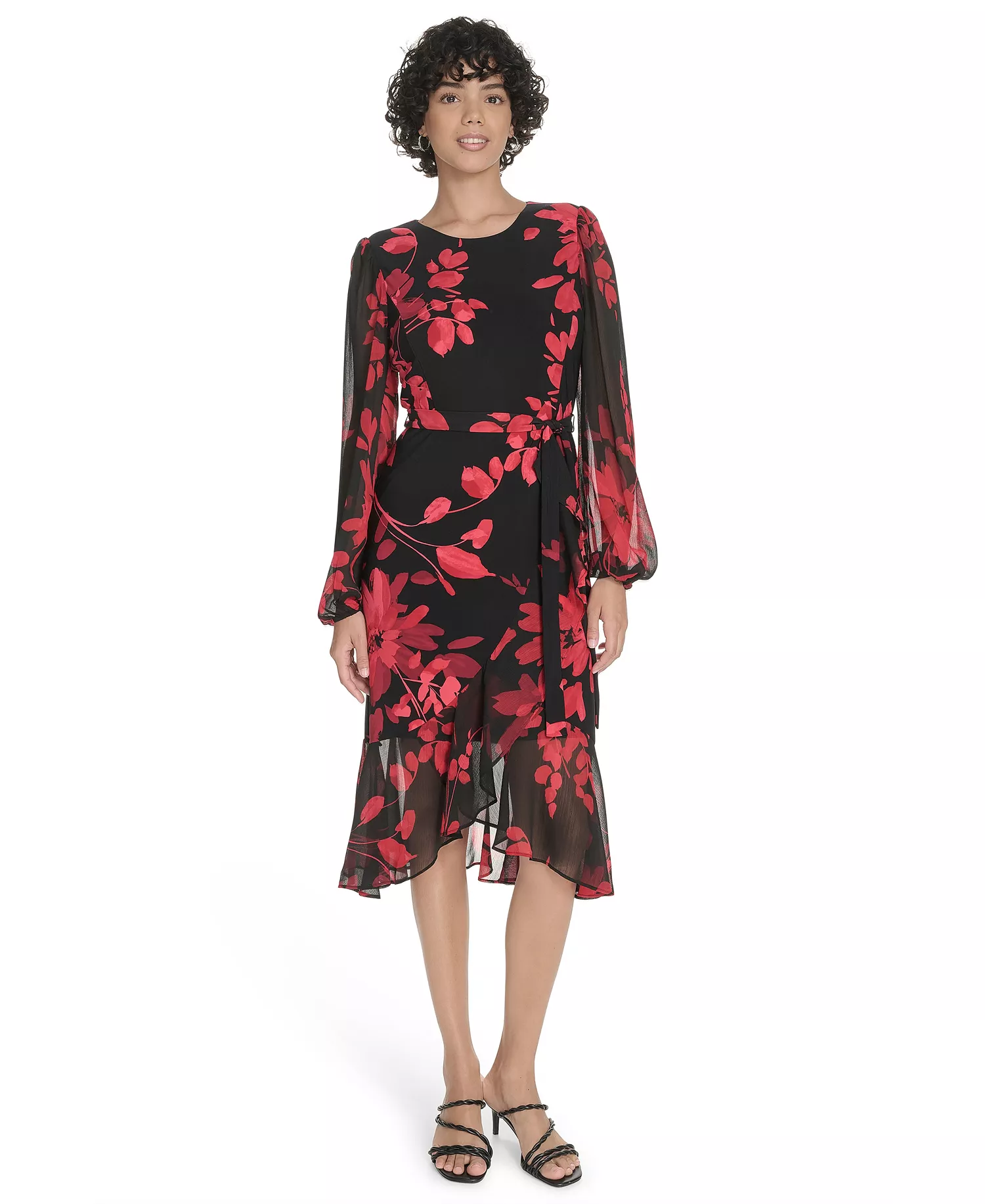 Petite Long-Sleeve Chiffon Combo Midi Dress - Deep Scarlet Multi - 0P