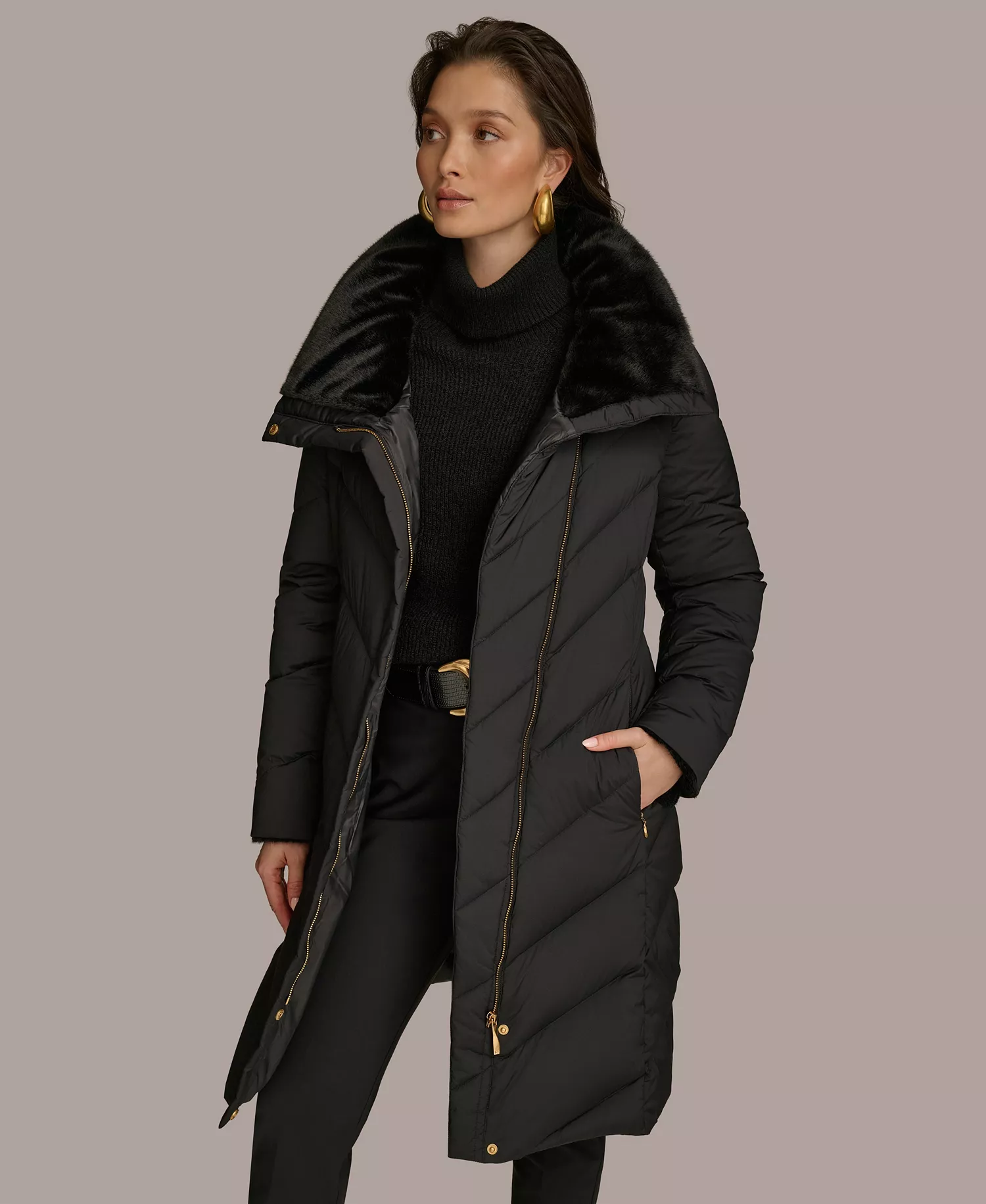 Women's Stretch Zip Closure Coat - Black - L