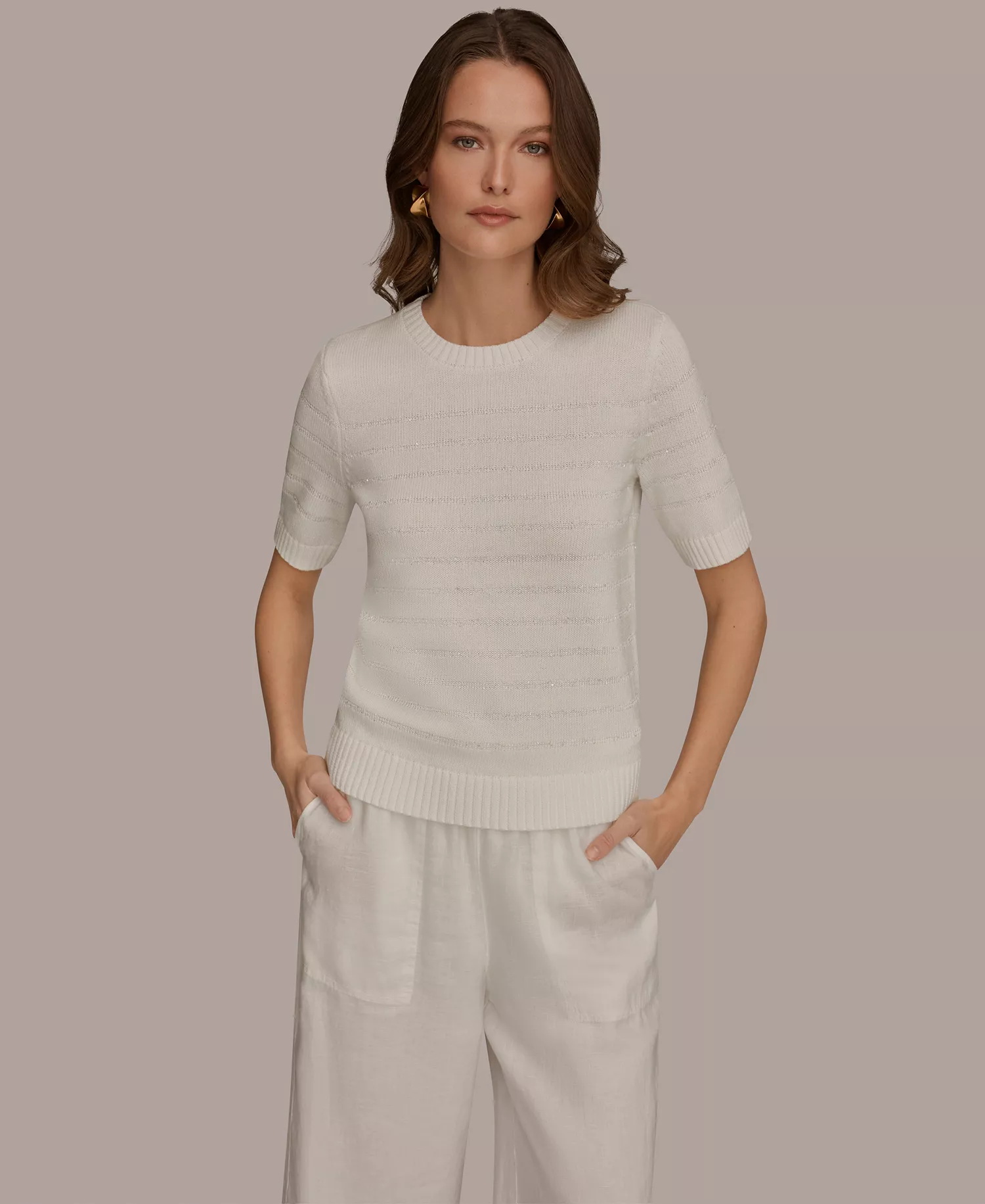 Women's Elbow-Sleeve Crew Neck Striped Sequin Sweater - Cream - L