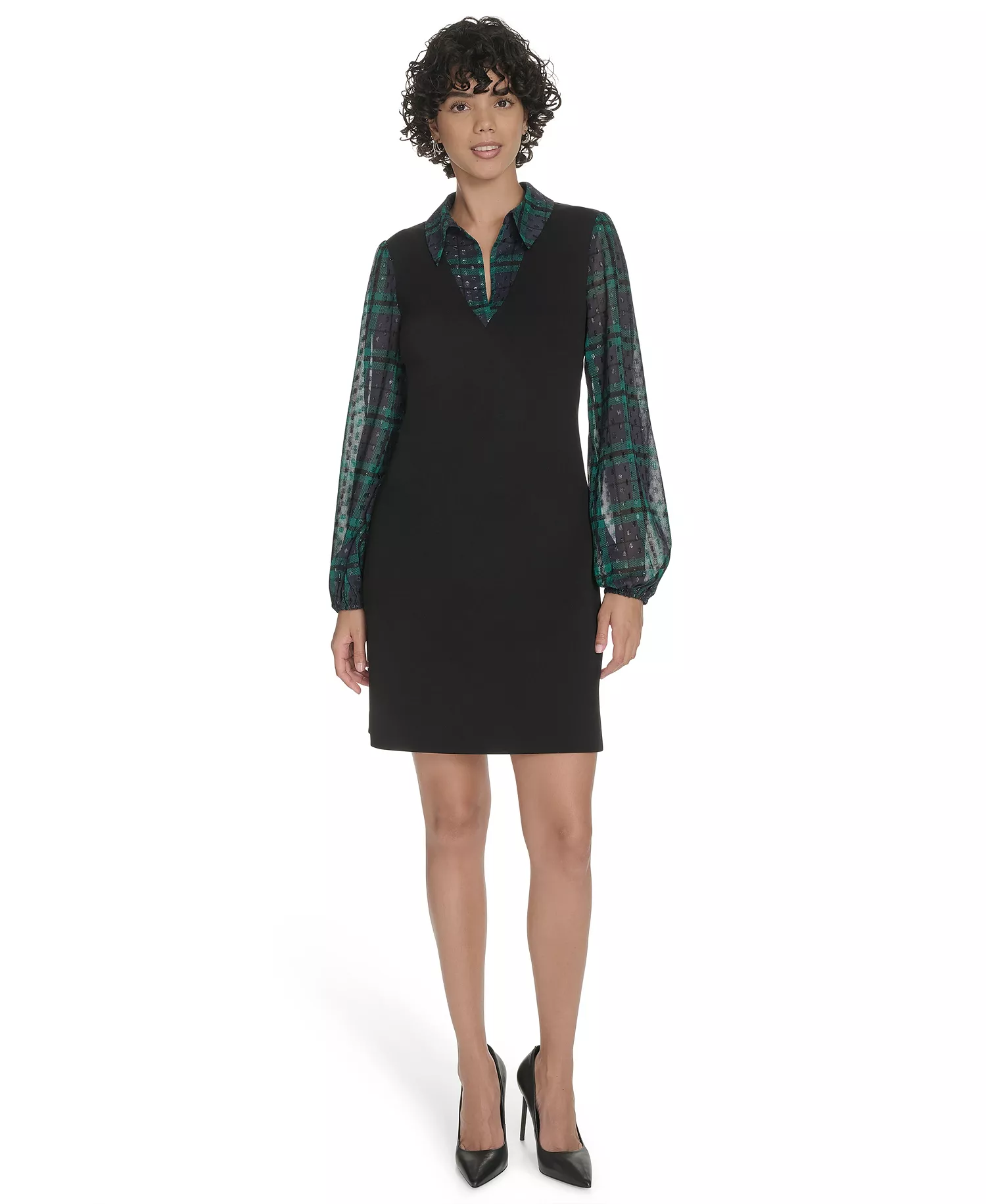 Petite Crepe Long Sleeve Dress - Black/Midnight/Green - 0P