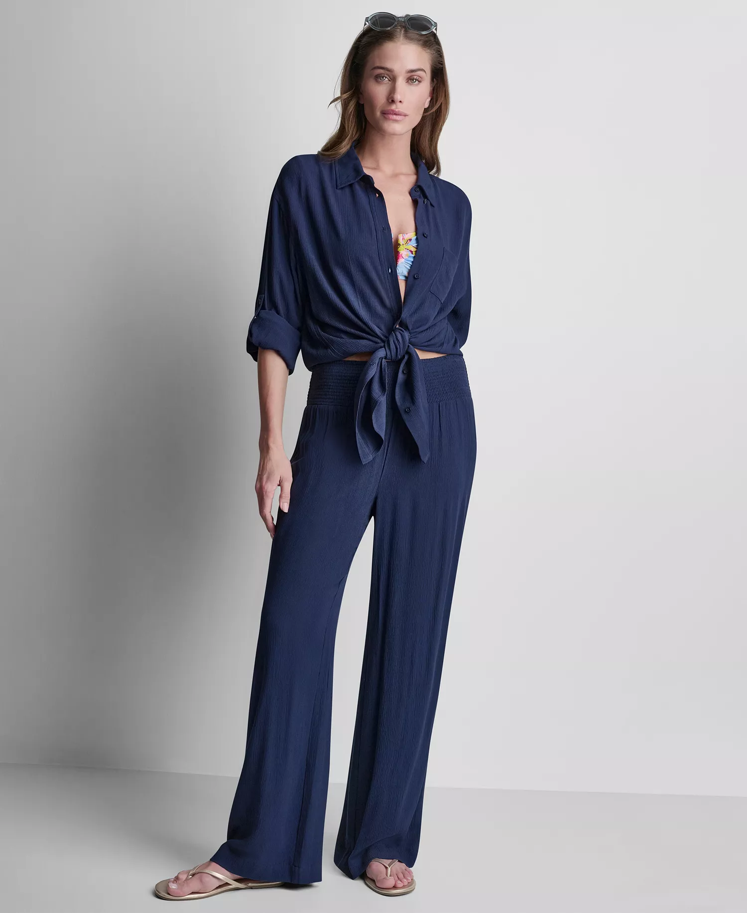 Women's Smocked-Waist Cover-Up Pull-On Pants - Black - L